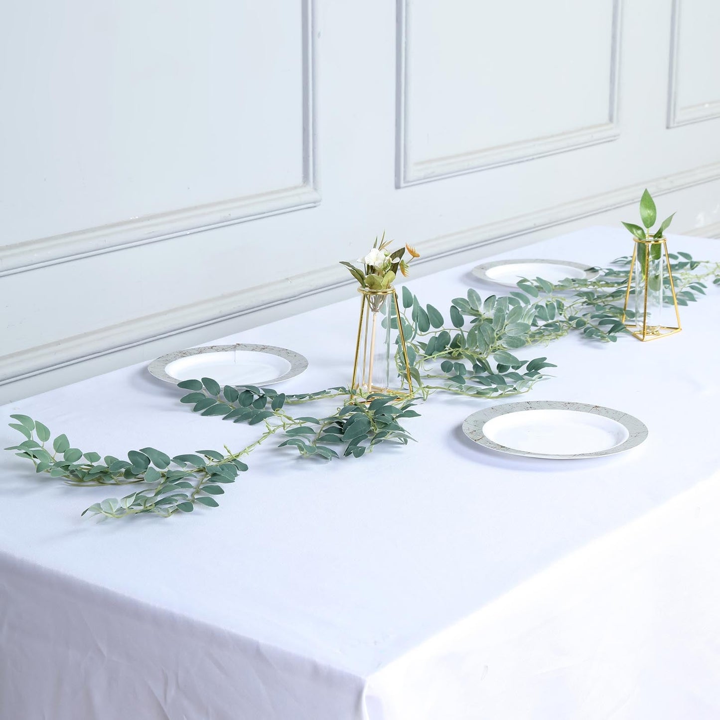 6ft green artificial honey locust leaf garland on a table setting