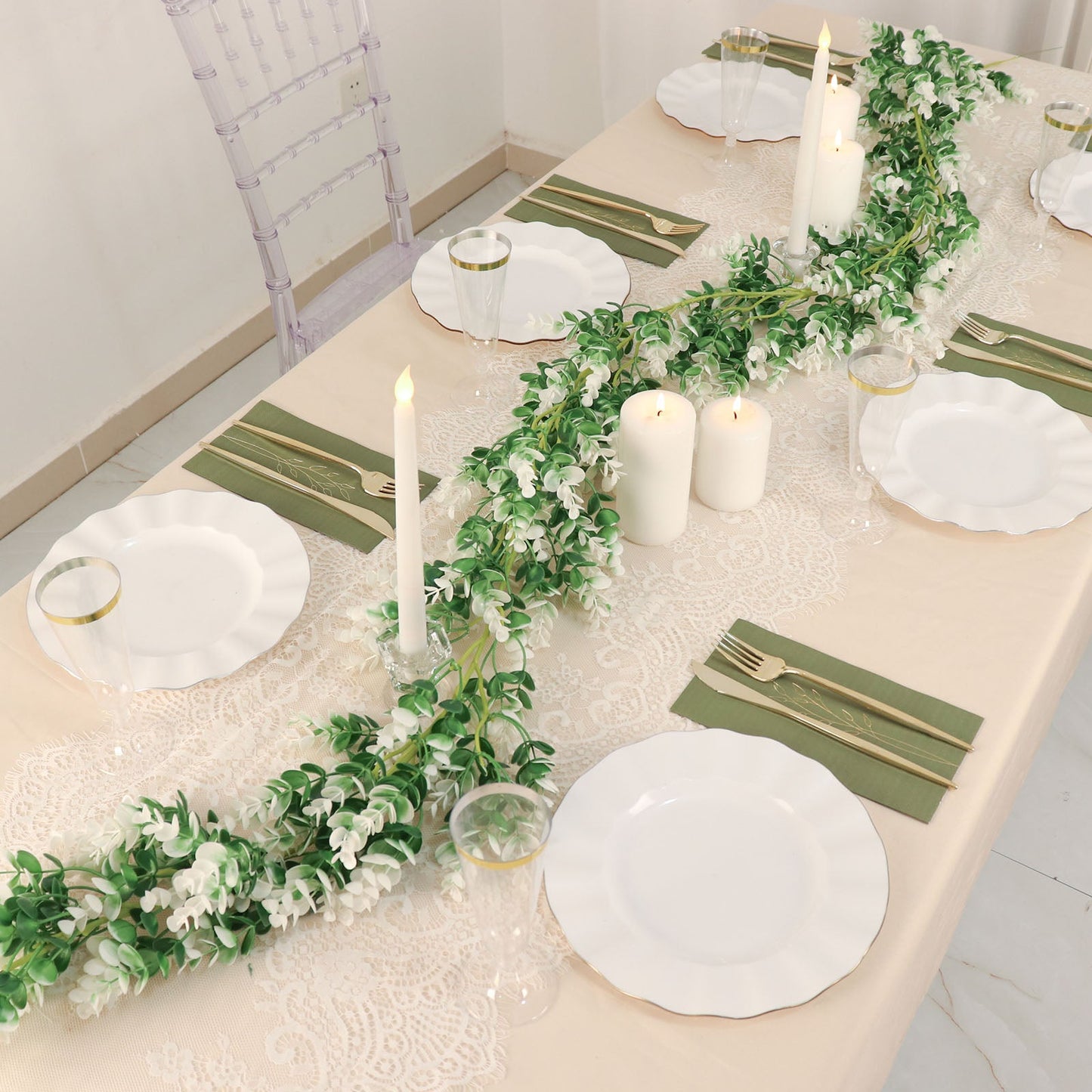 6ft white and green artificial eucalyptus leaf table garland for decor.