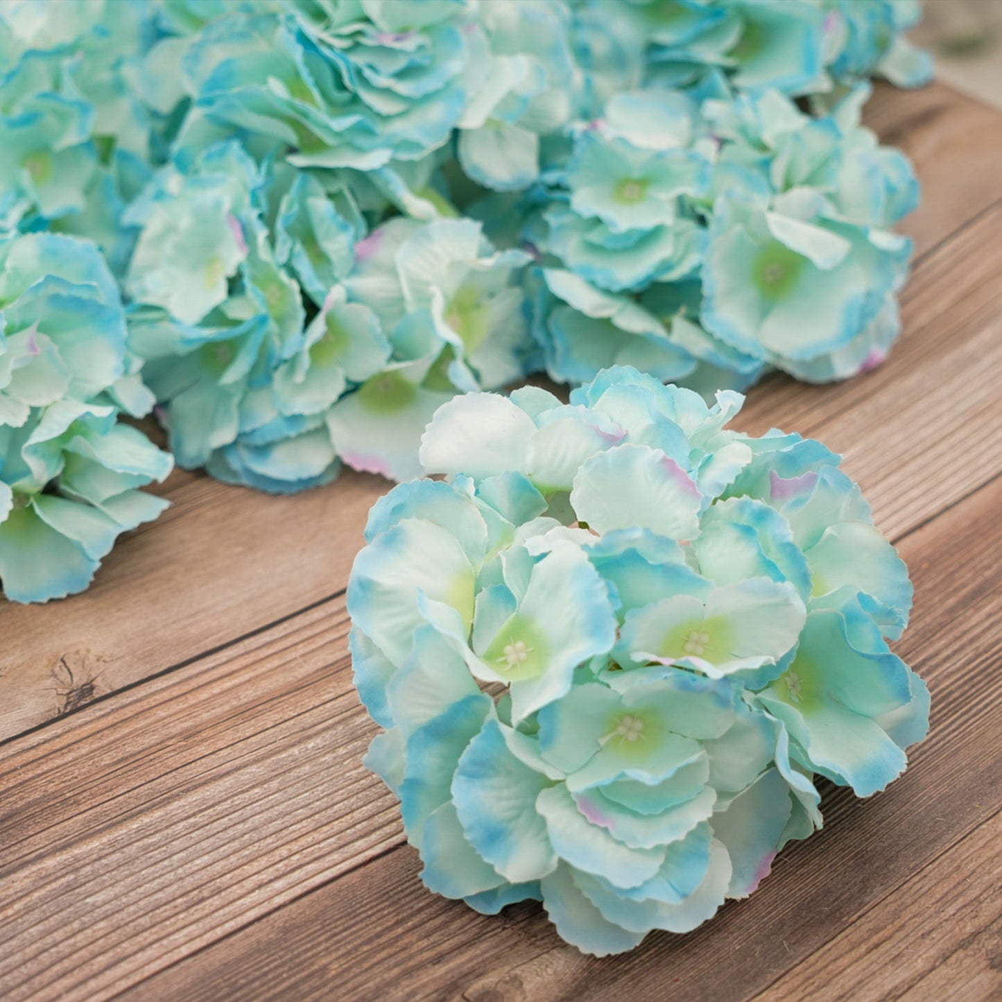 Blue artificial satin hydrangeas bouquet for DIY arrangements.