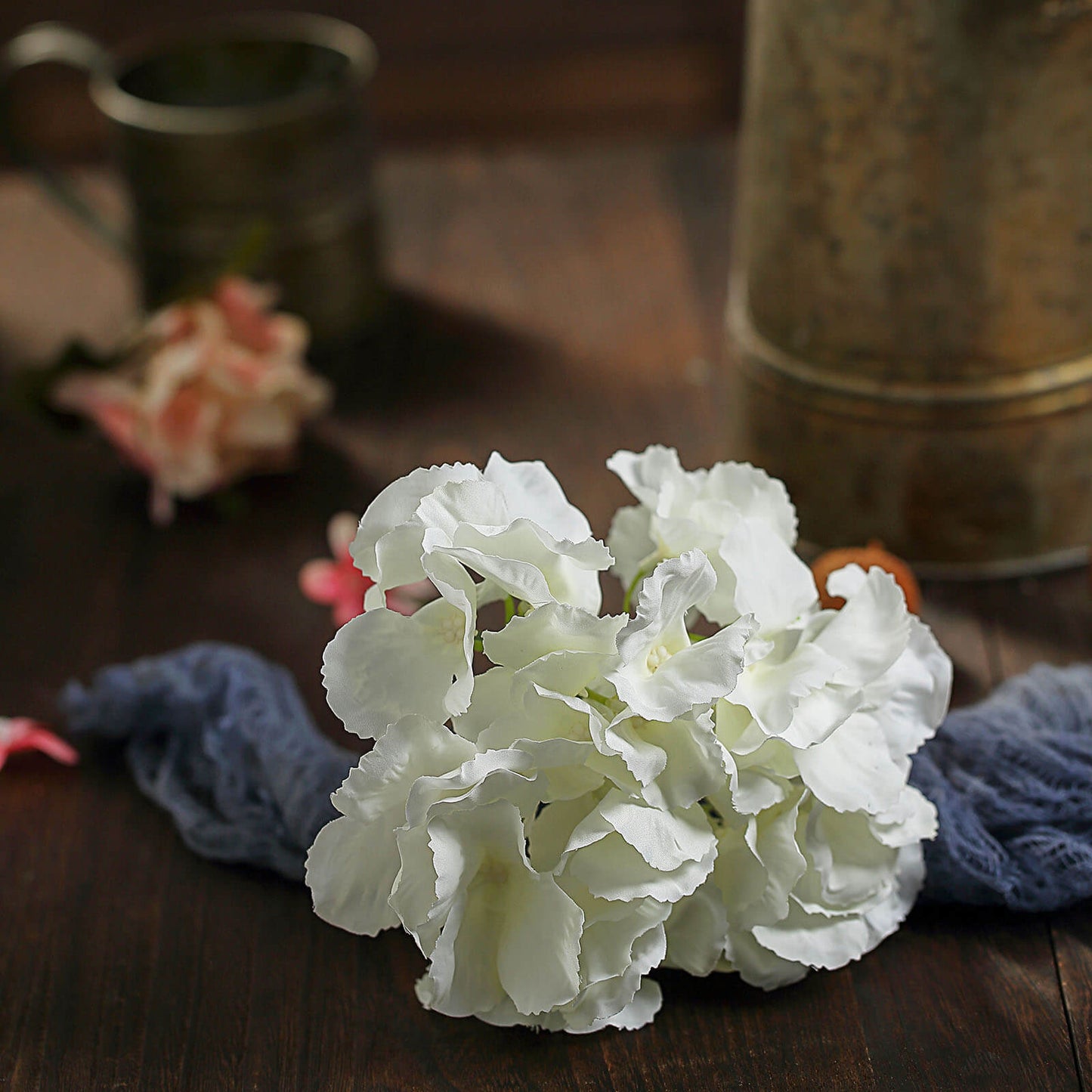 Cream artificial satin hydrangeas bouquet for DIY arrangements.