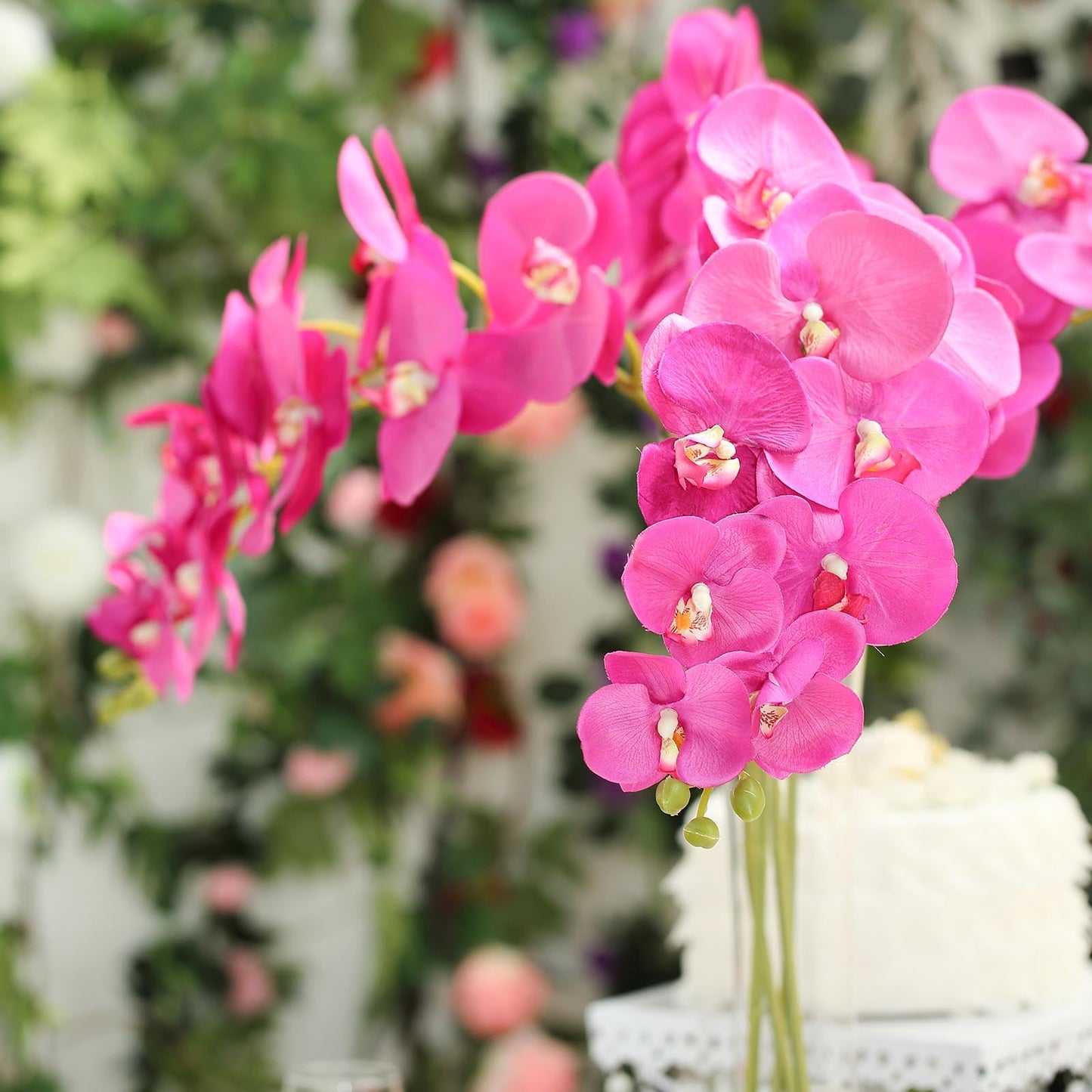 Fuchsia artificial silk orchid flower bouquet, 40" tall, 2 stems.