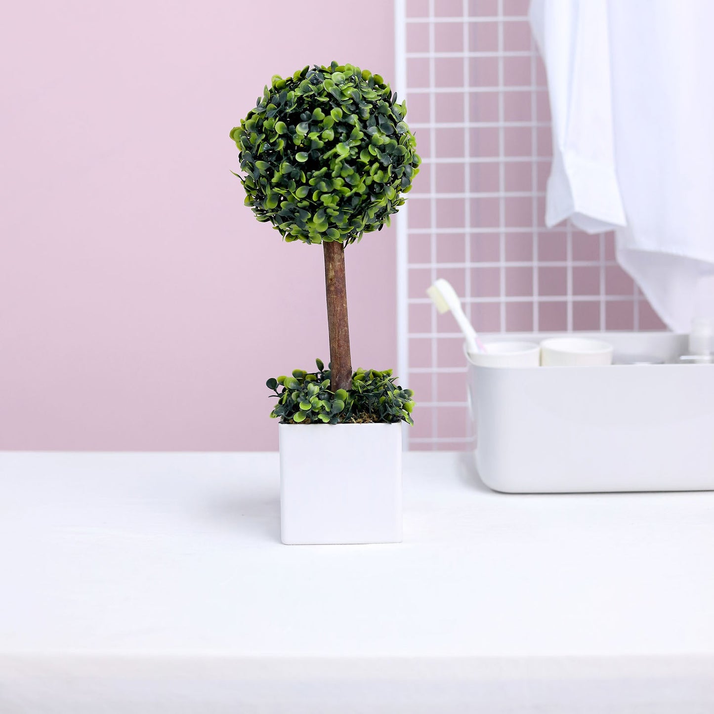 16" green artificial boxwood topiary ball tree in white planter pot.