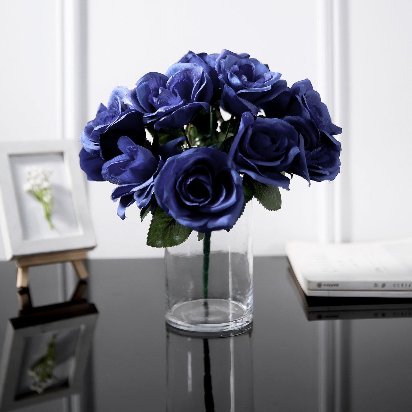 12 Inch Navy Blue Velvet Like Fabric Rose Flower Bouquet Bush