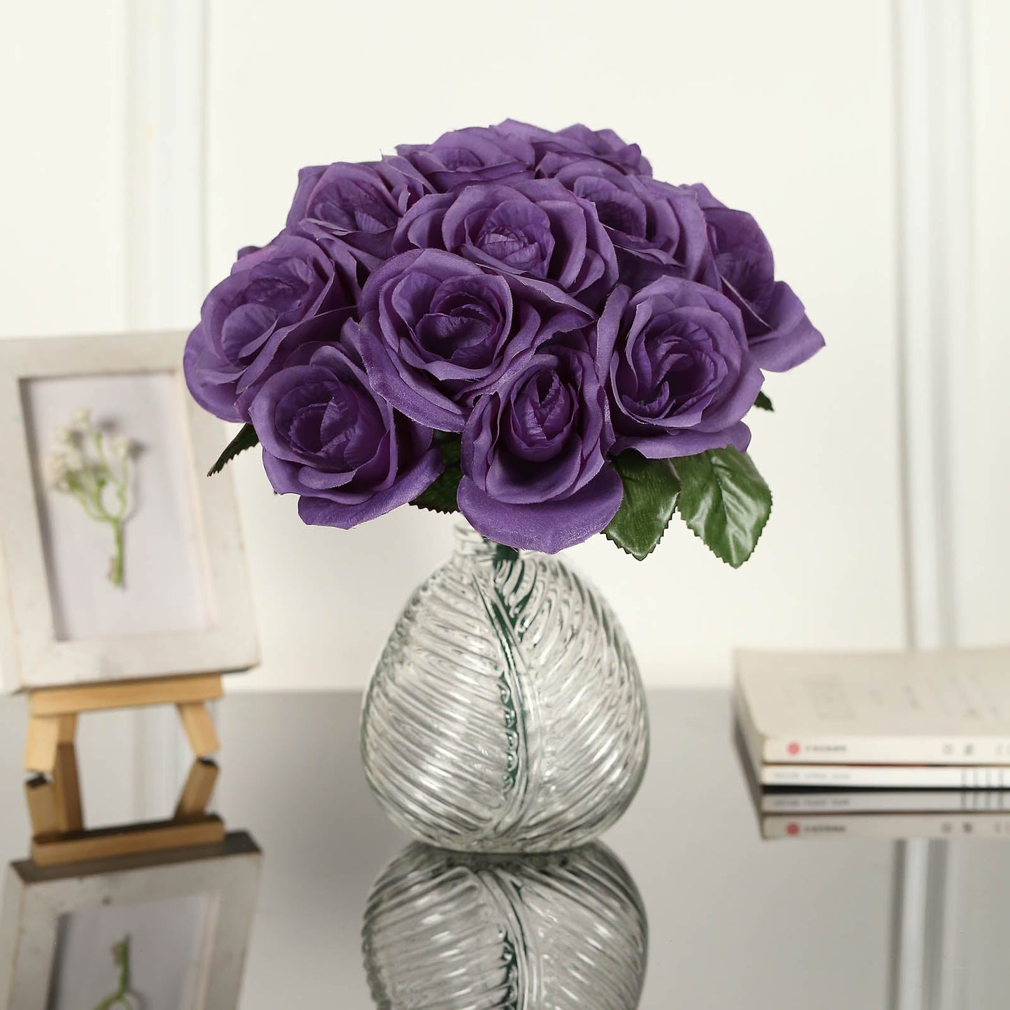 12 Inch Purple Velvet Like Fabric Rose Flower Bouquet Bush