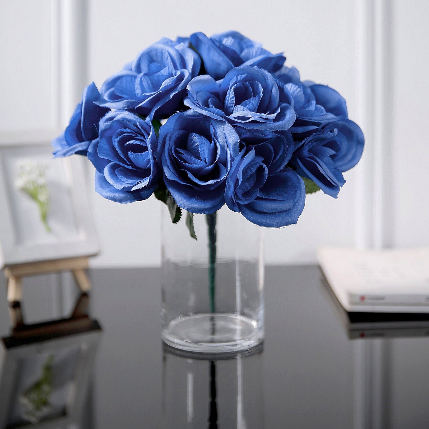 12 Inch Royal Blue Velvet Like Fabric Rose Flower Bouquet Bush