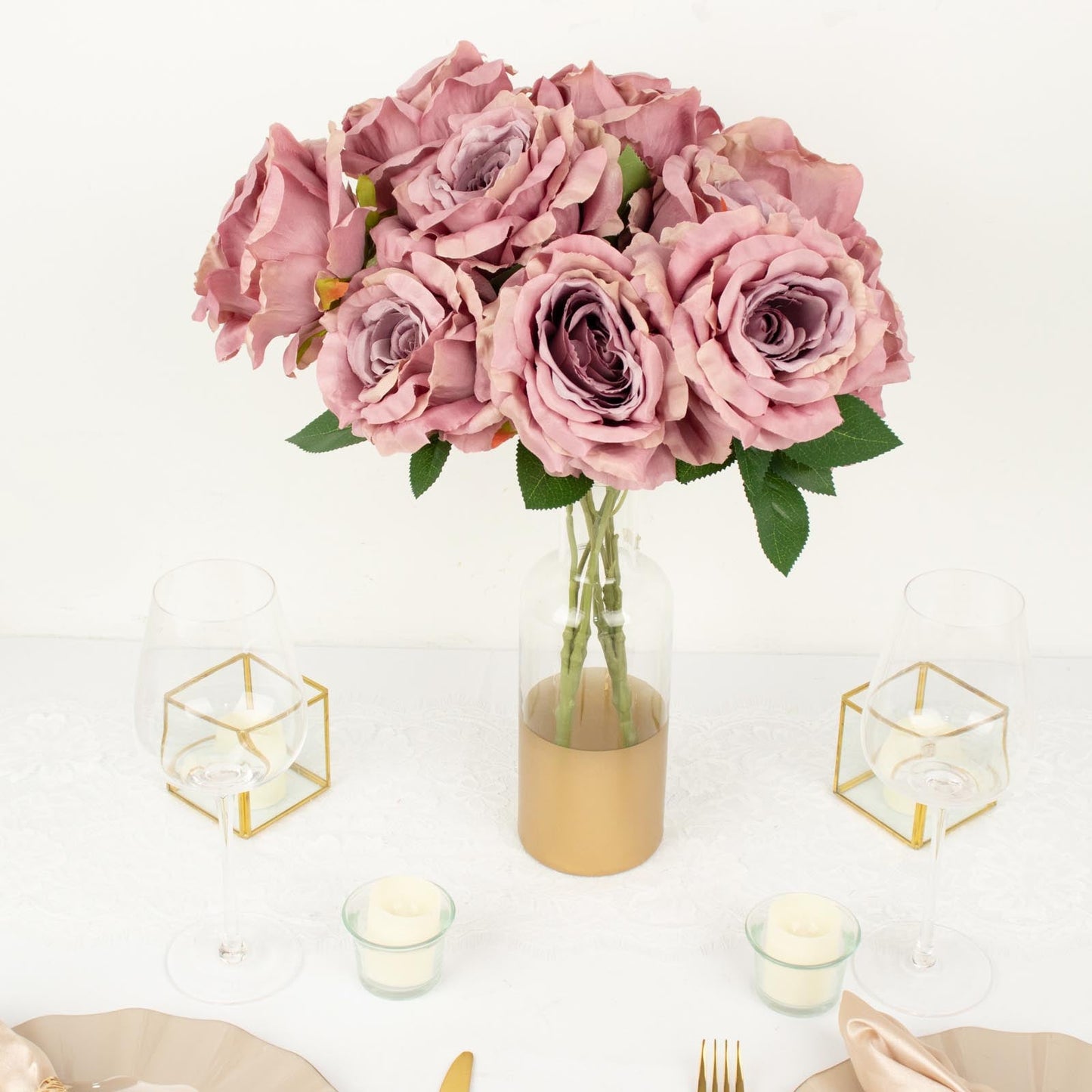 2 Bushes Jumbo Dusty Rose Premium Silk Rose Flower Bouquet - 17 Inch