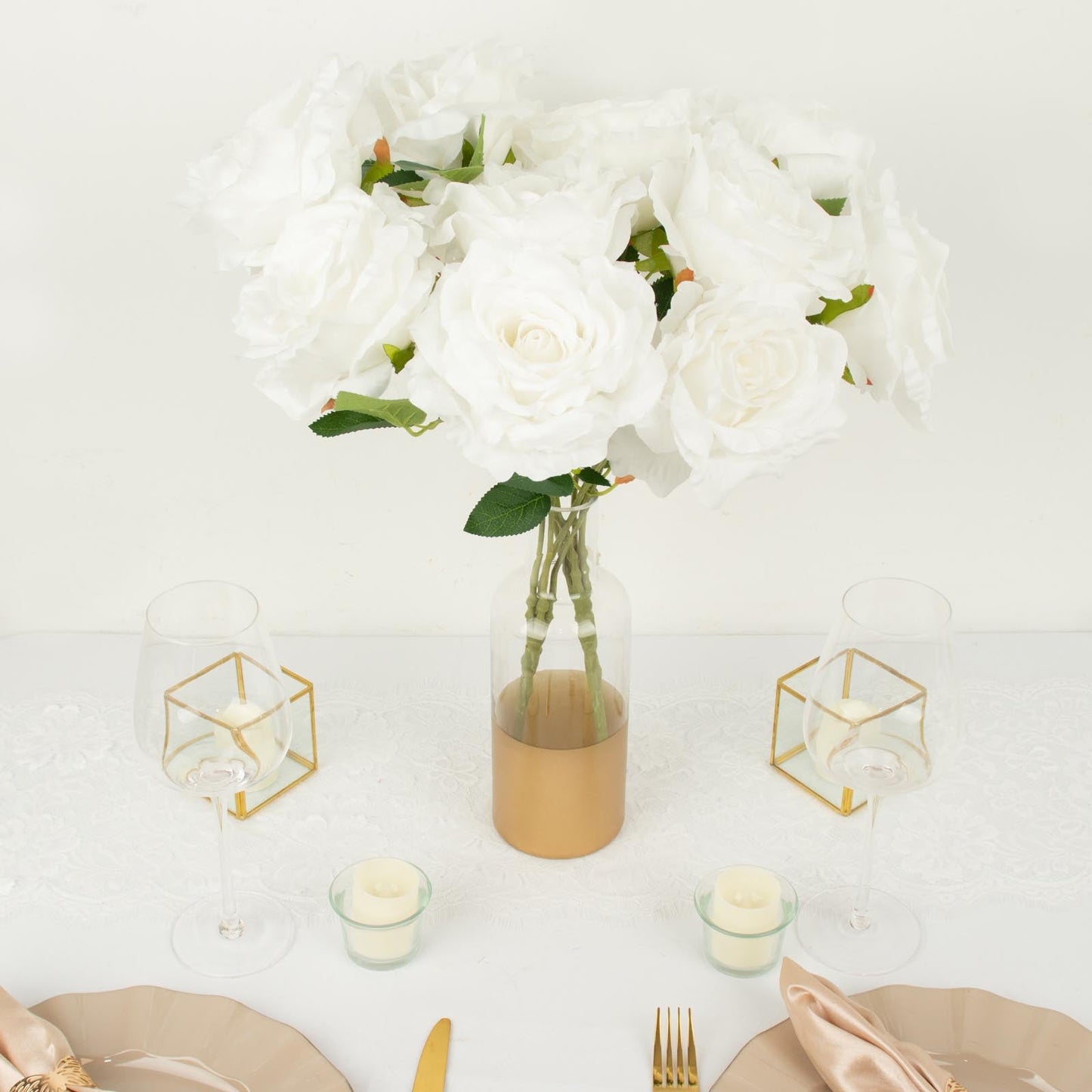 White Premium Silk Rose Flower Bouquet 2 Bushes - 17 Inch