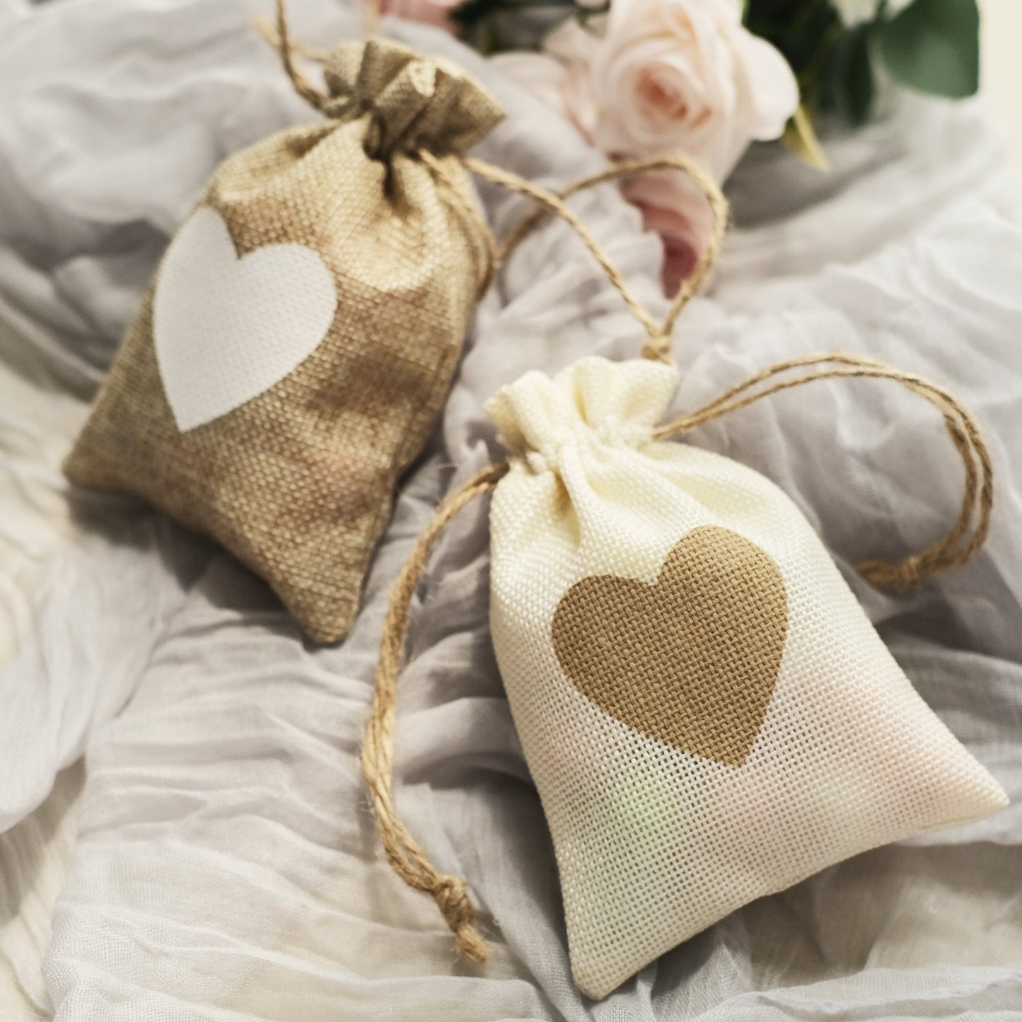 Natural heart design gift bags with drawstring, rustic style.