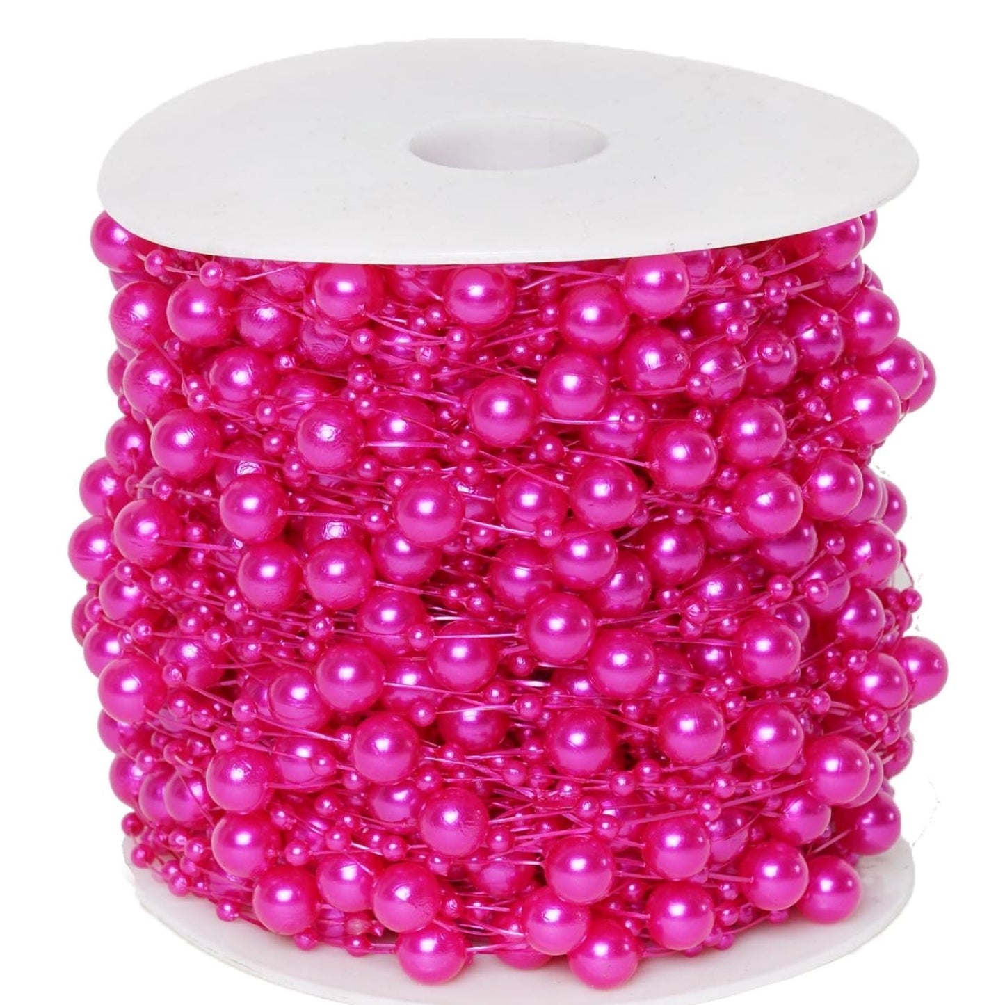 Glossy fuchsia faux craft pearl string beads on a spool.