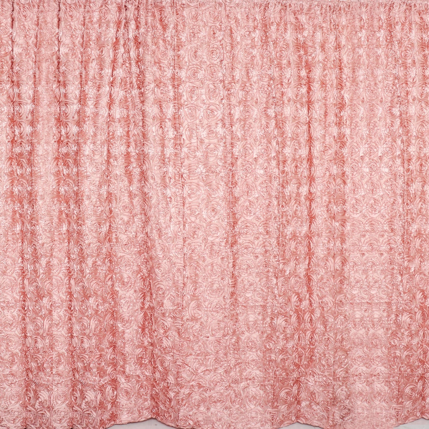 Dusty rose satin rosette event curtain drapes backdrop panel.