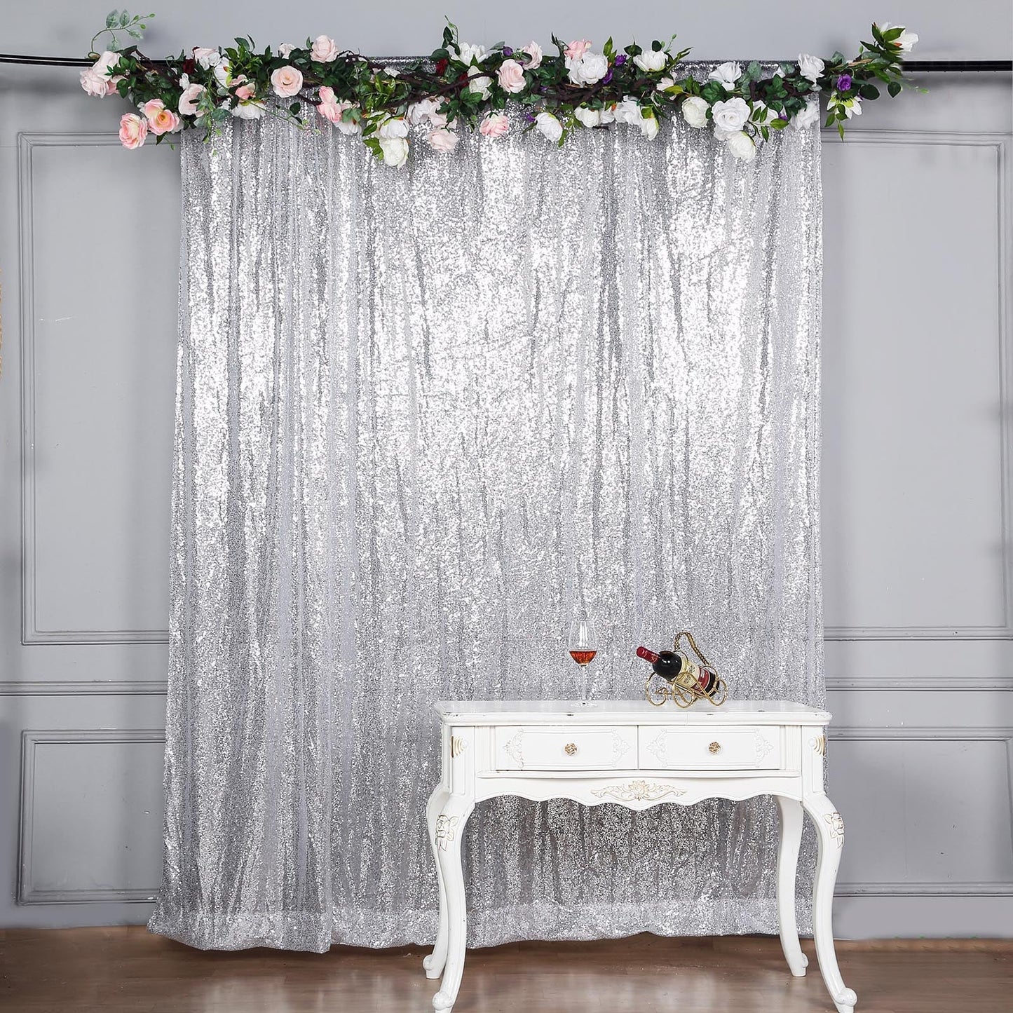 8ftx8ft Silver Sequin Photography Booth Backdrop Semi-Sheer Curtain