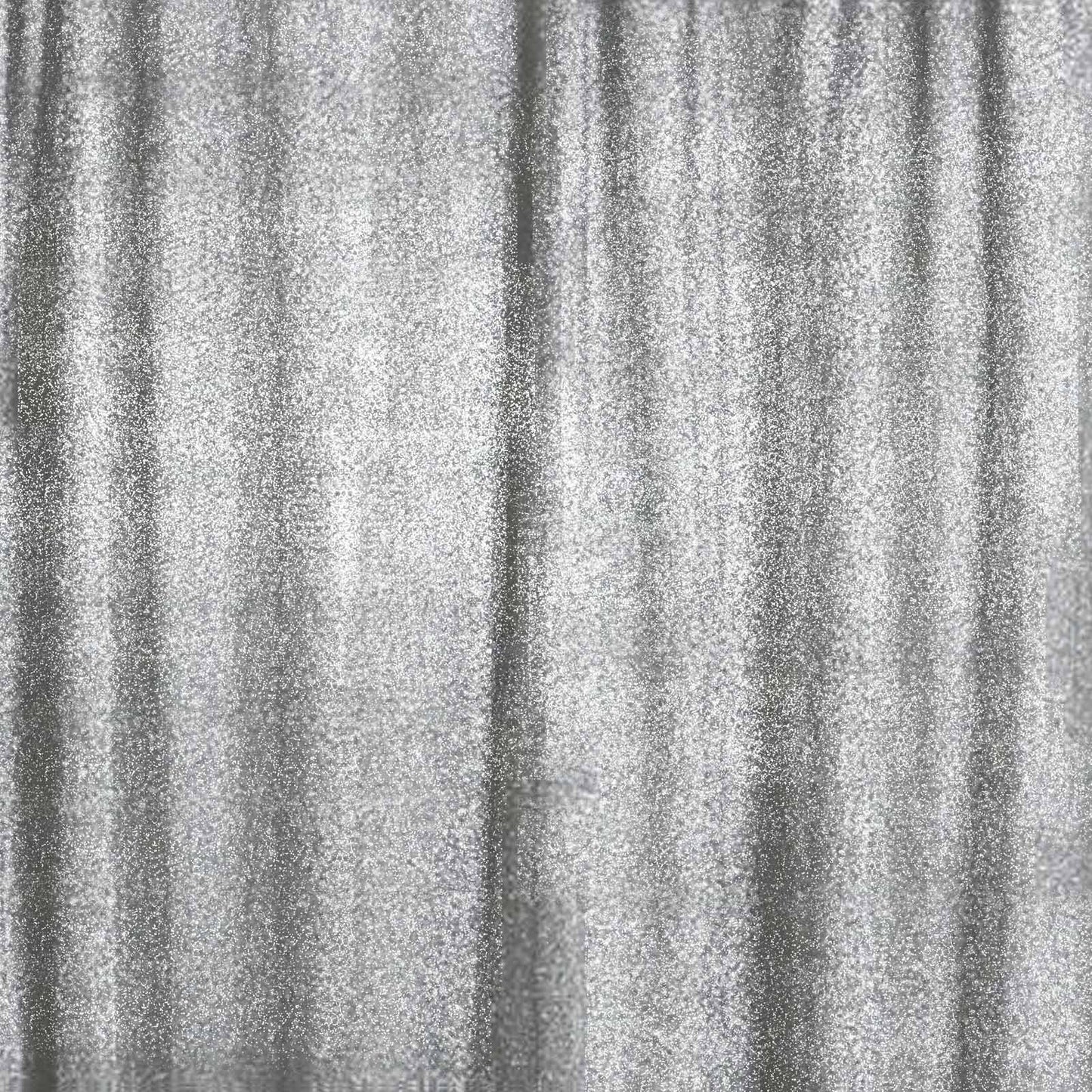 Silver metallic shimmer tinsel event curtain drapes backdrop panel.