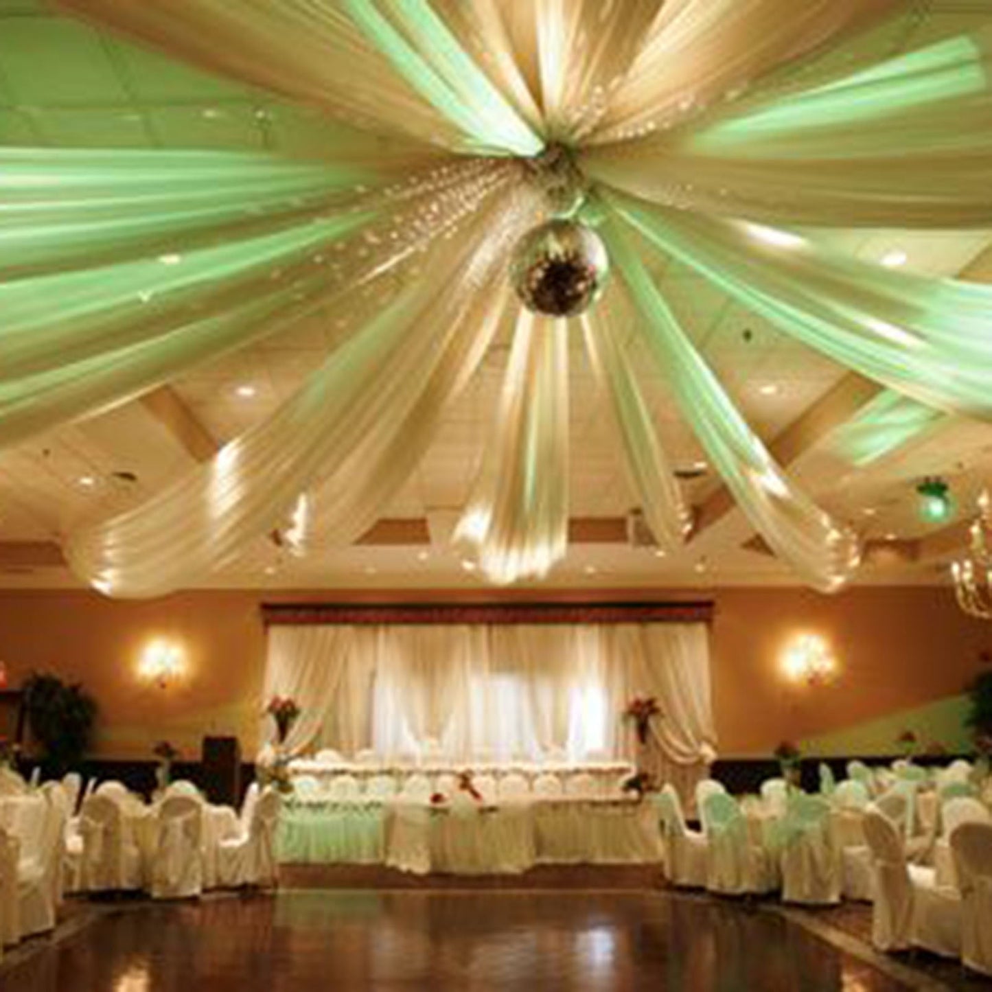 Hanging hoop ring hardware for ceiling drapes in soft green with free tool kit.