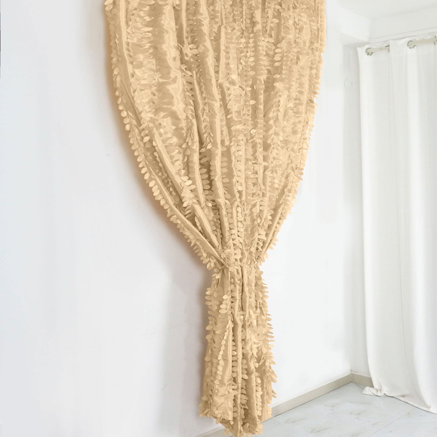 Champagne 3D leaf petal taffeta event curtain drapes.