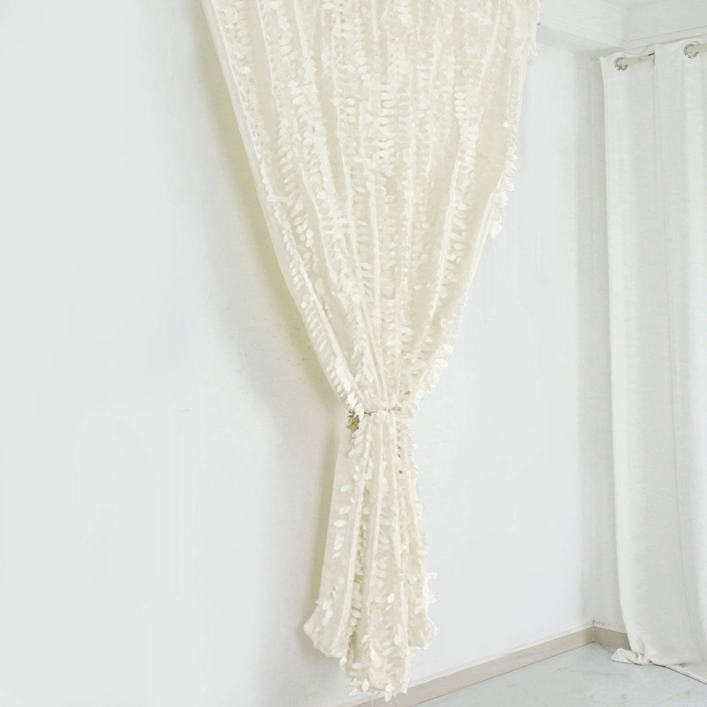 Ivory 3D leaf petal taffeta event curtain drapes, elegant backdrop panel.