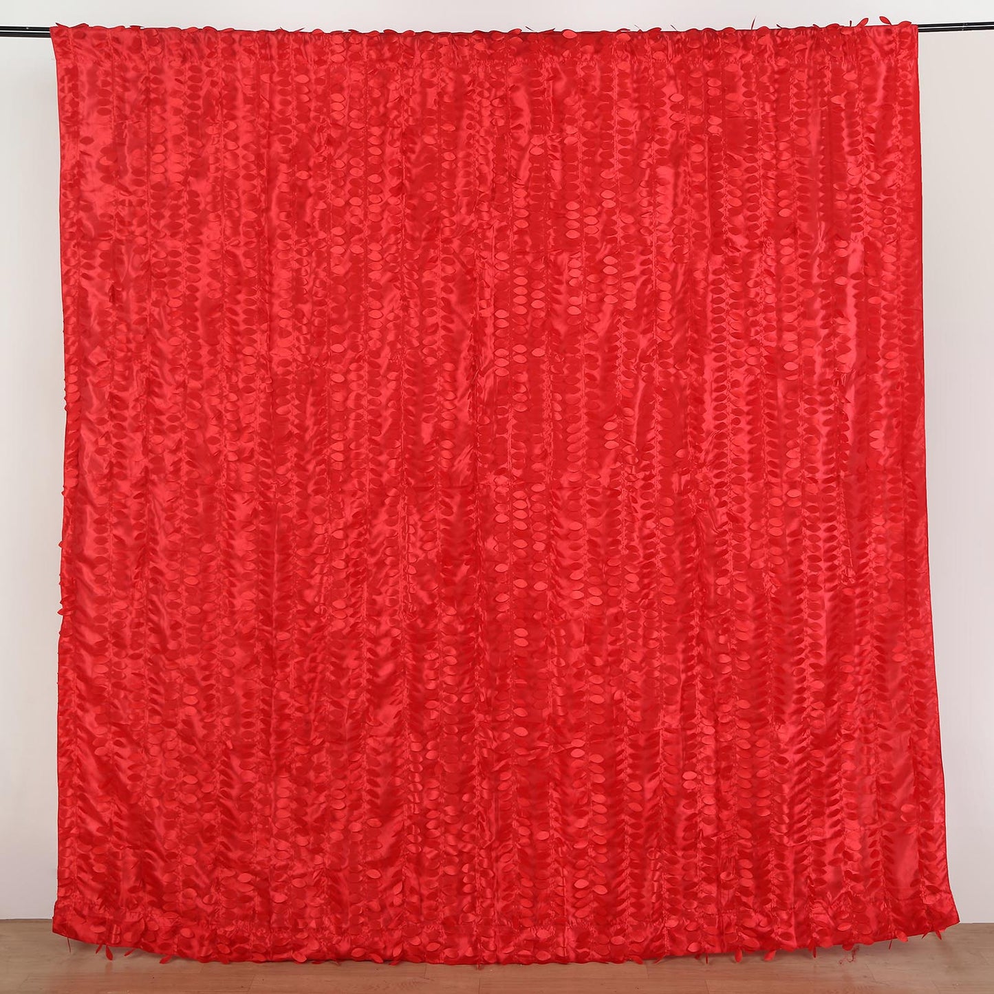 Red 3D leaf petal taffeta event curtain drapes backdrop panel.