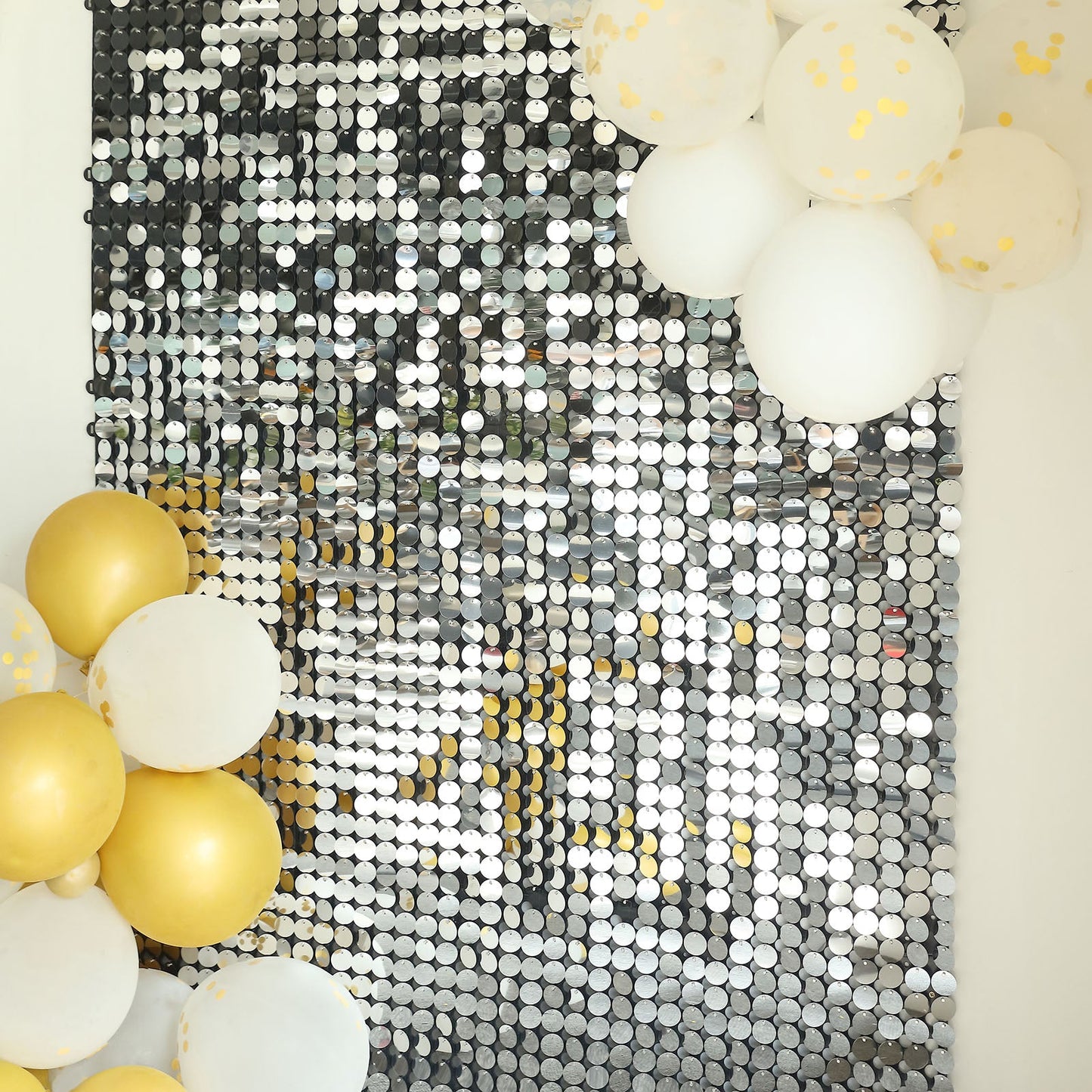 10sq.ft Ritzy Silver Sequin Shimmer Wall Backdrop Panels, Round Sequin Party Backdrop - 10 Panels