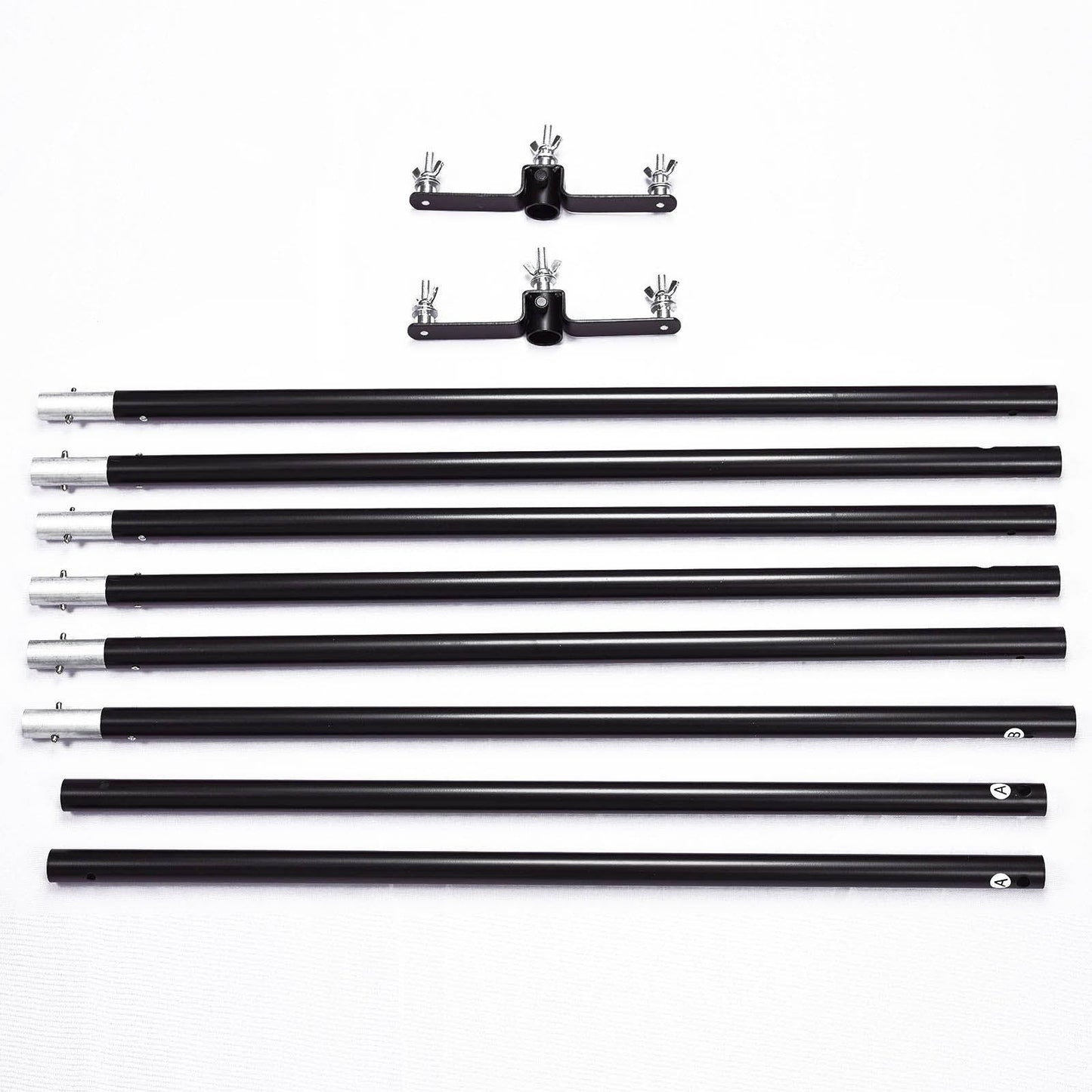 Black adjustable triple crossbar kit and mounting brackets for backdrop stands.