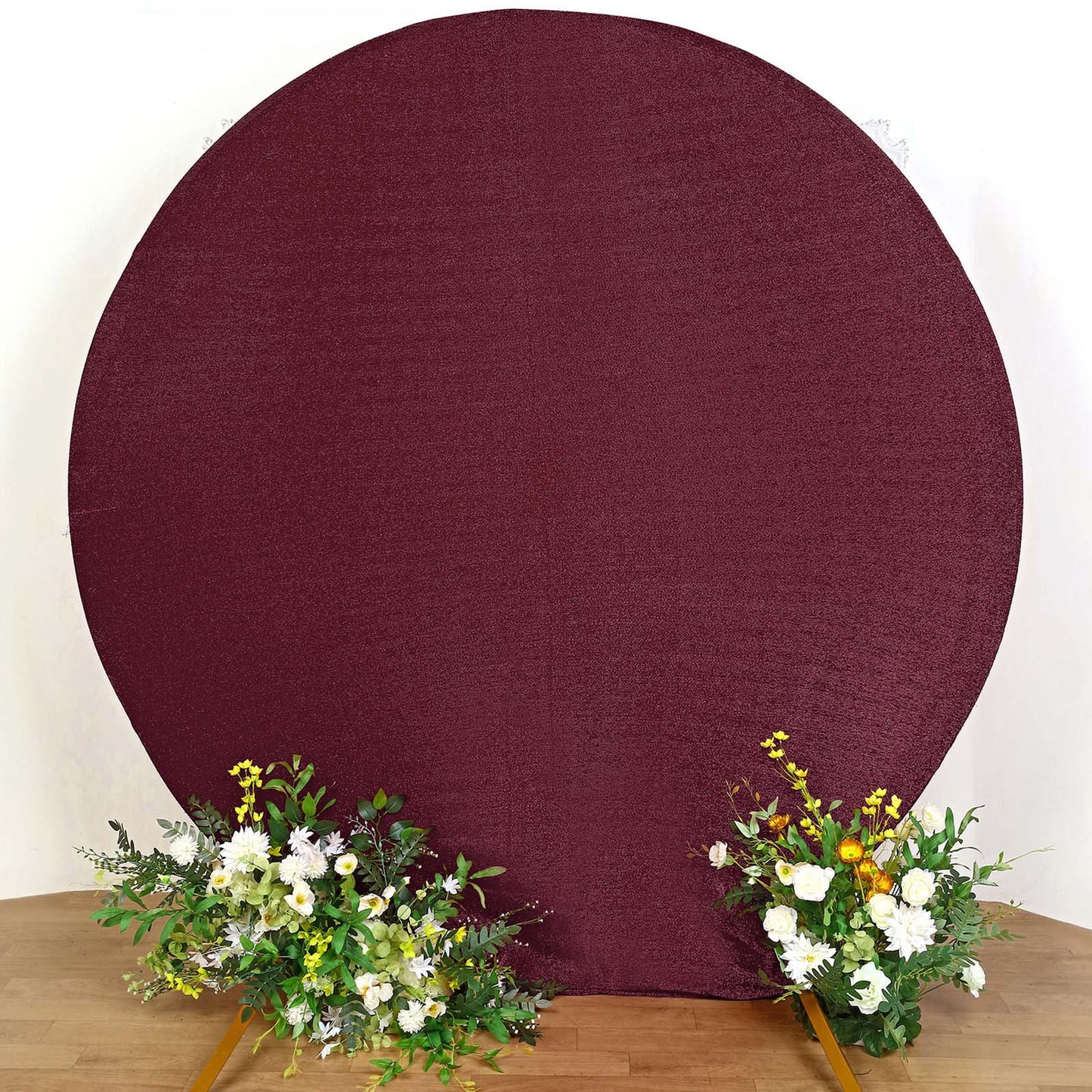 7.5ft Burgundy Metallic Shimmer Tinsel Spandex Round Backdrop, 2-Sided Wedding Arch Cover