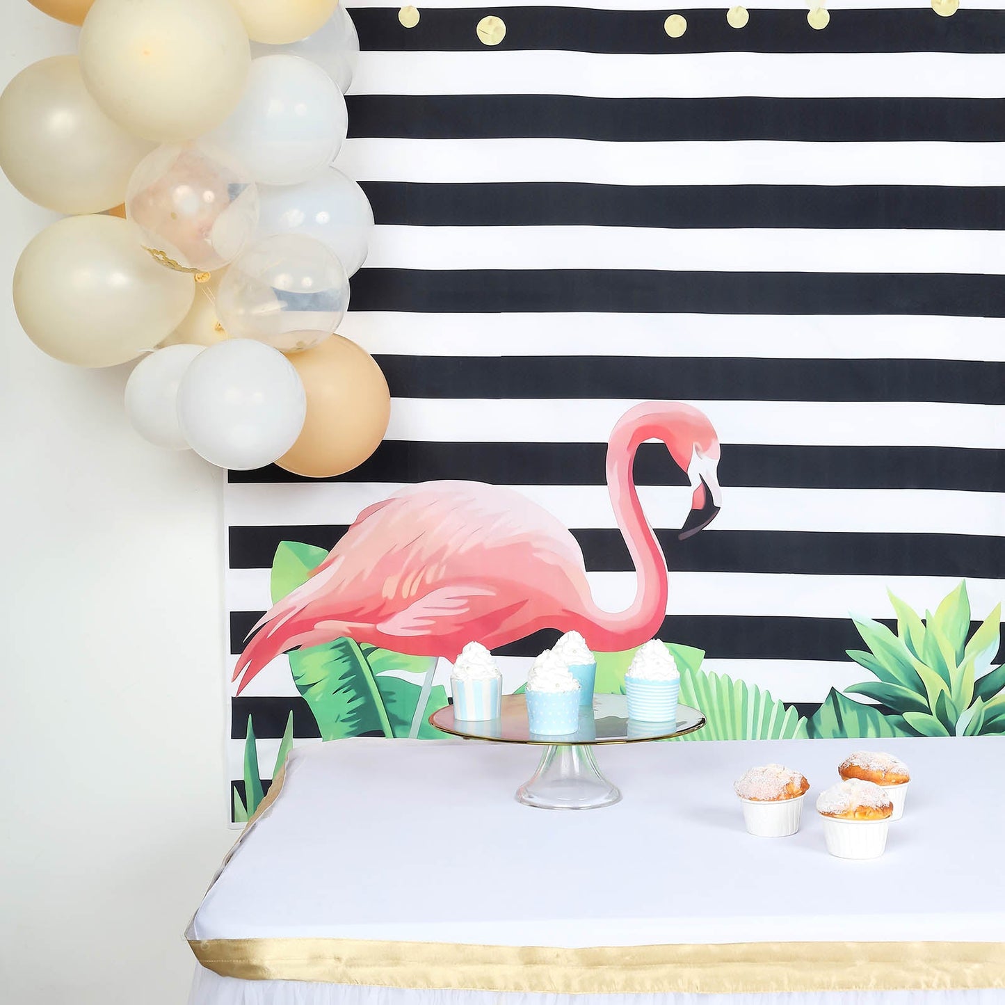Pink flamingo and black stripe vinyl photography backdrop banner.