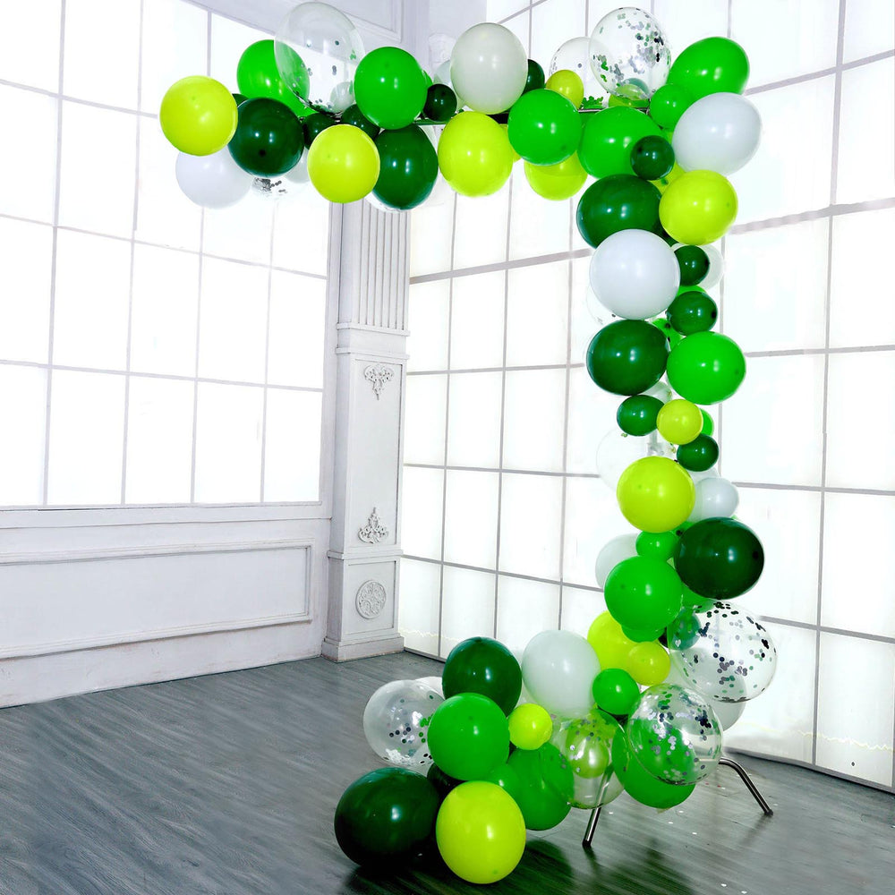 Clear, green, and white balloon garland arch party kit decoration.