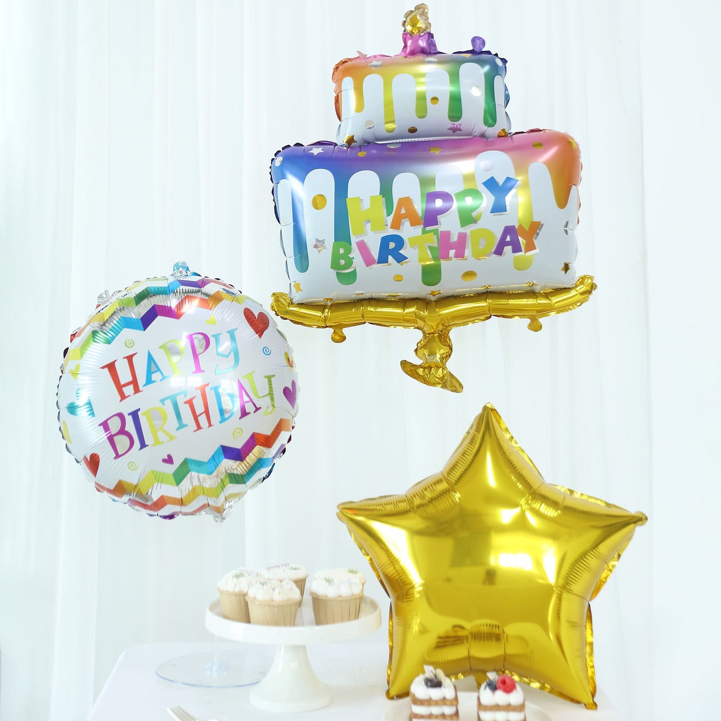 Colorful happy birthday balloon set with a gold star and cake design.