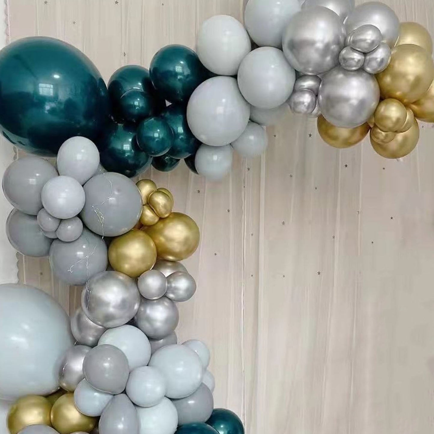 Green, gold, and silver balloon garland arch party kit.