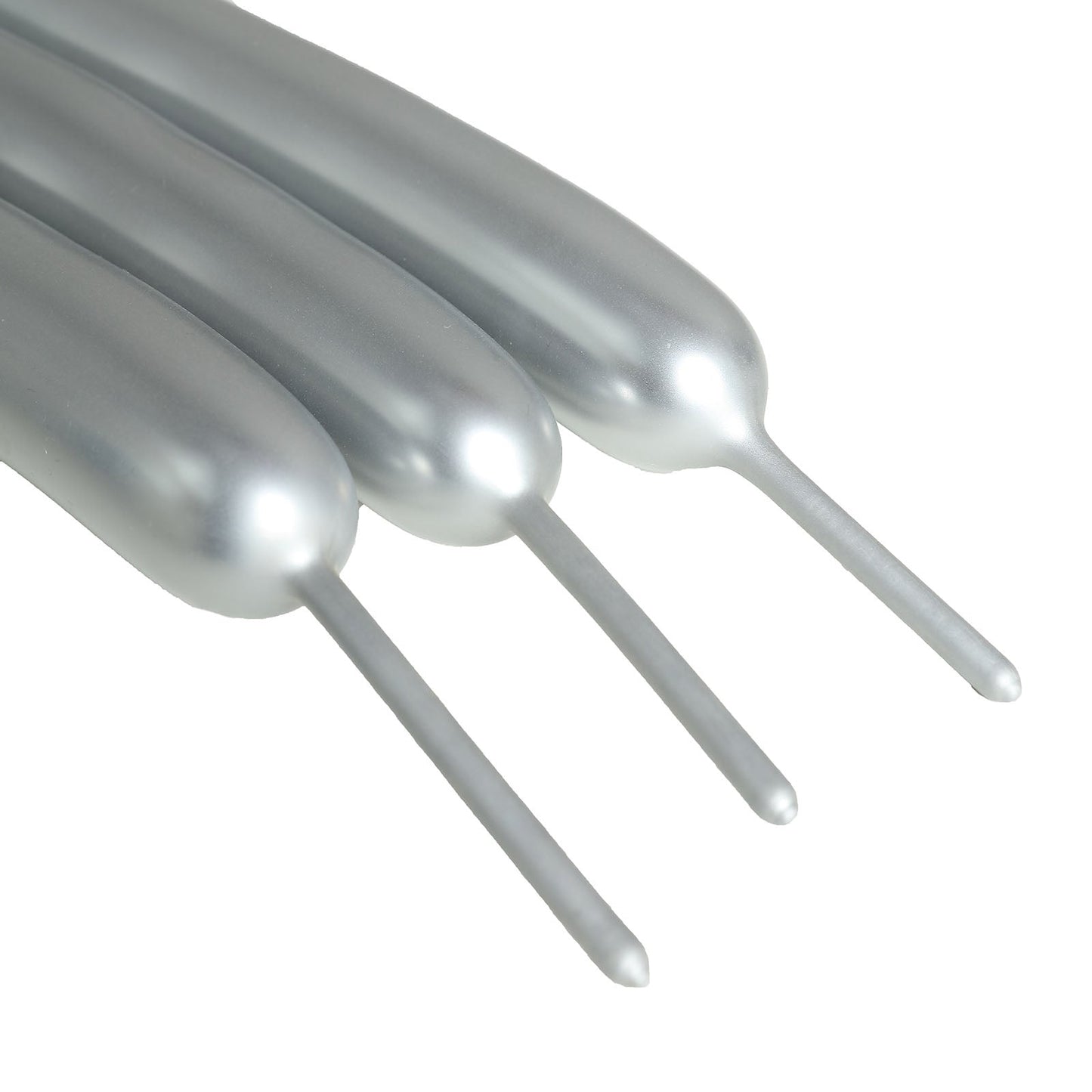 Assorted metallic silver long latex balloons for twisting and animal modeling.