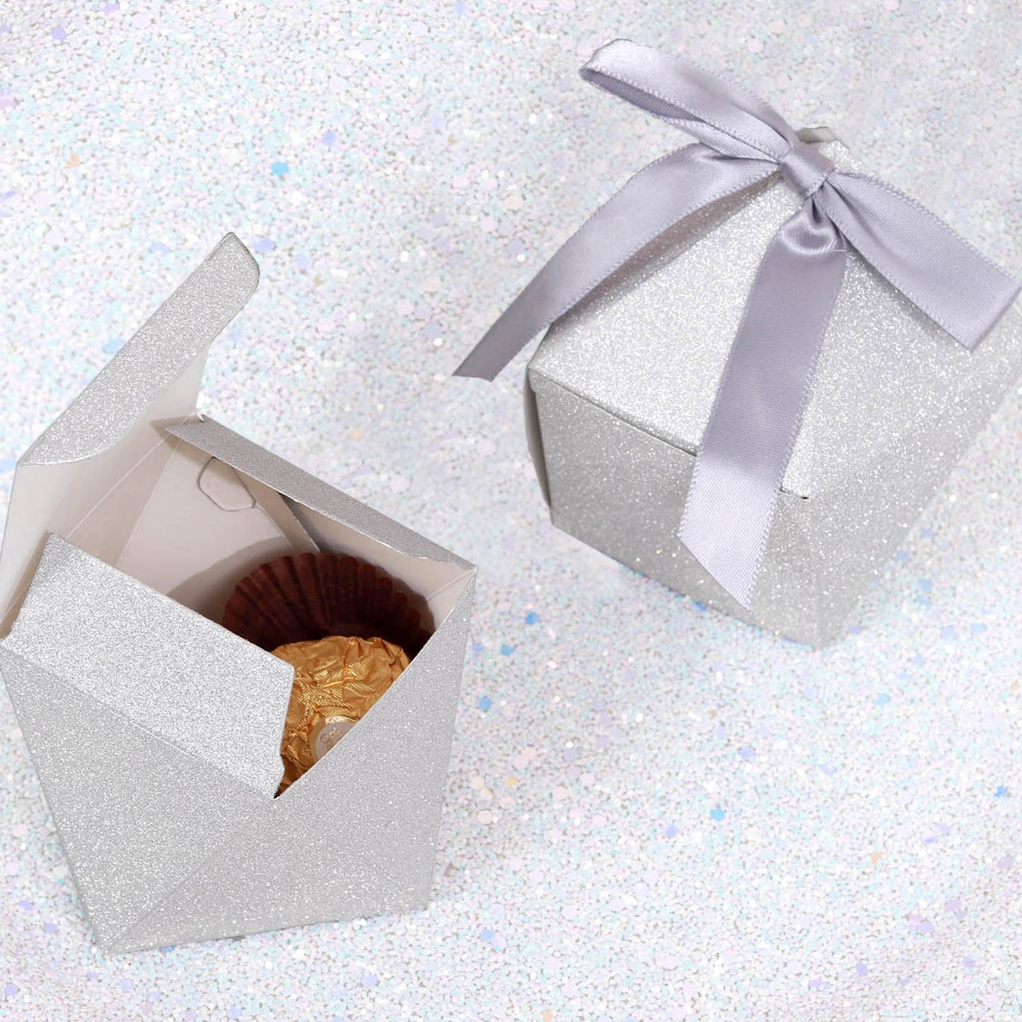 Silver glitter geometric wedding favor candy gift box with ribbon.