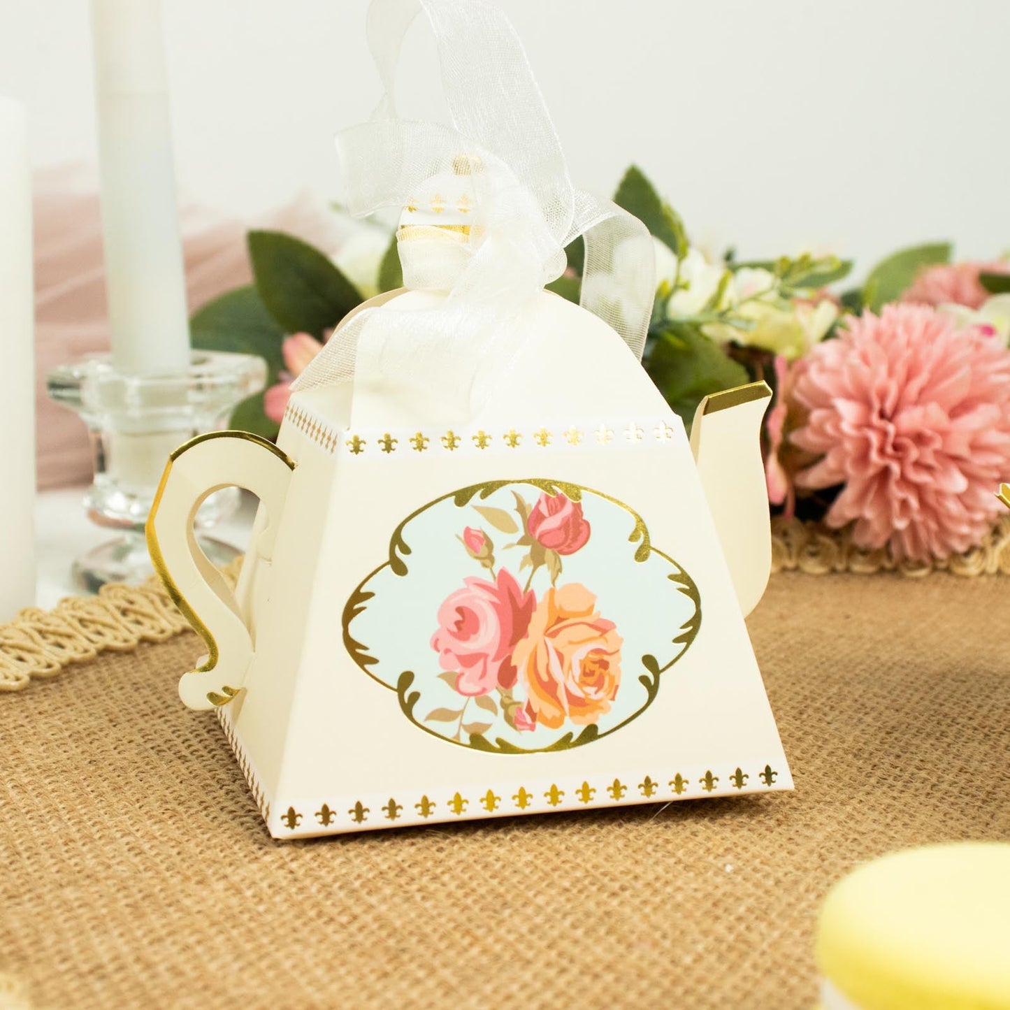 4 Inch Ivory Favor Boxes With Ribbon Tea Pot