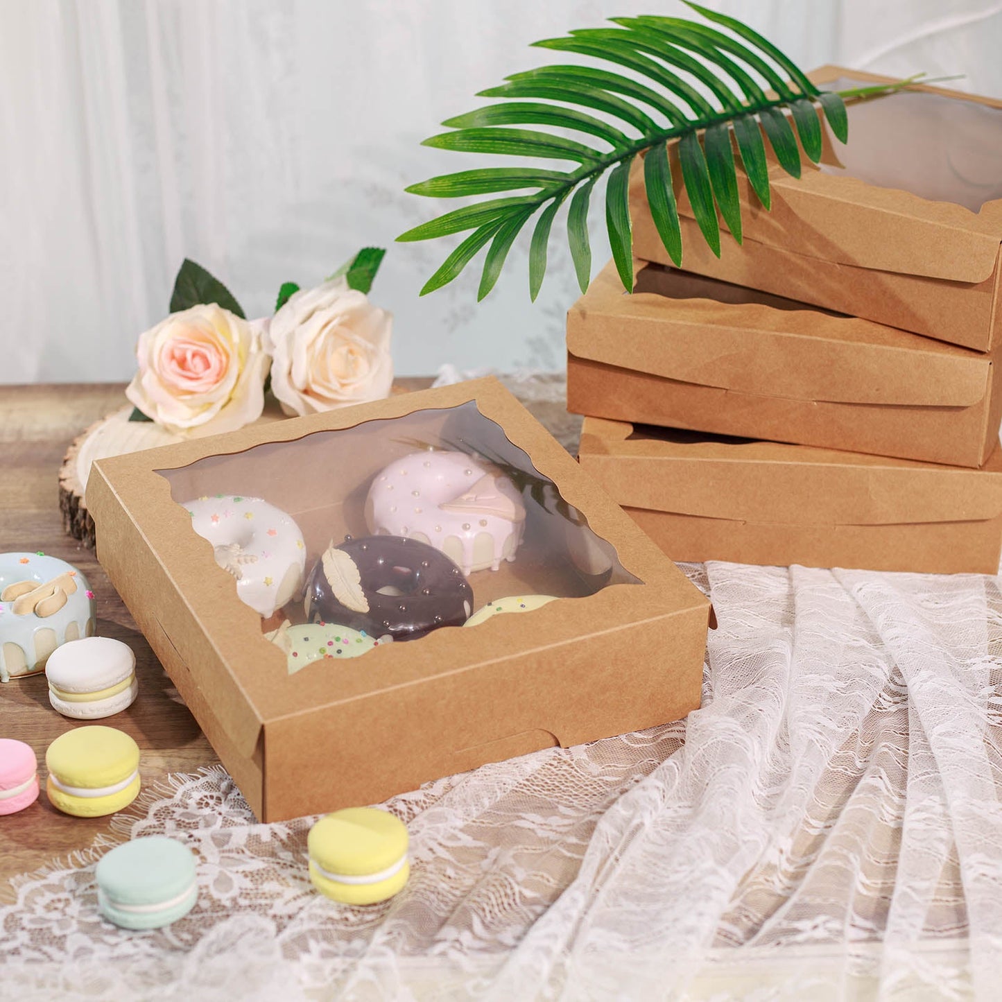 Natural brown bakery cake boxes with PVC window, perfect for desserts.