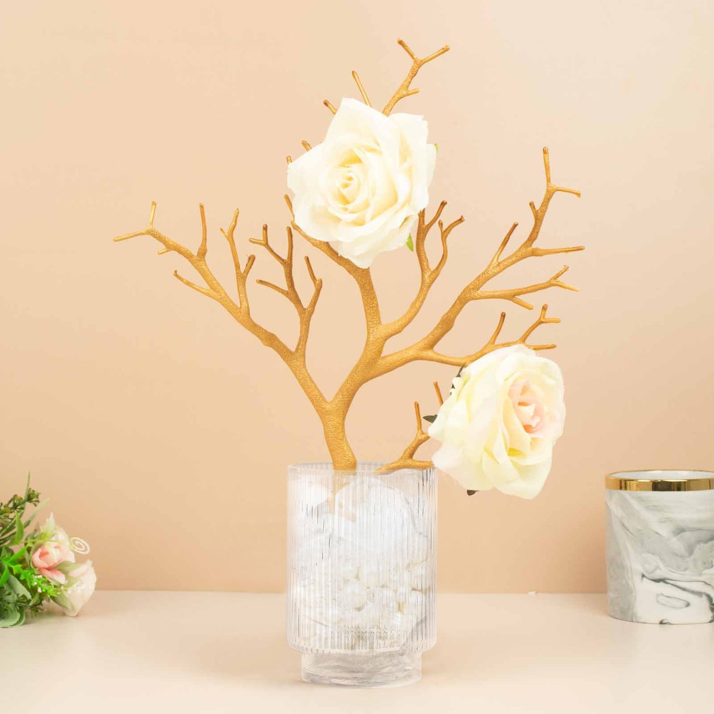 14" Metallic Gold Artificial Tree Branch with Flowers in Vase
