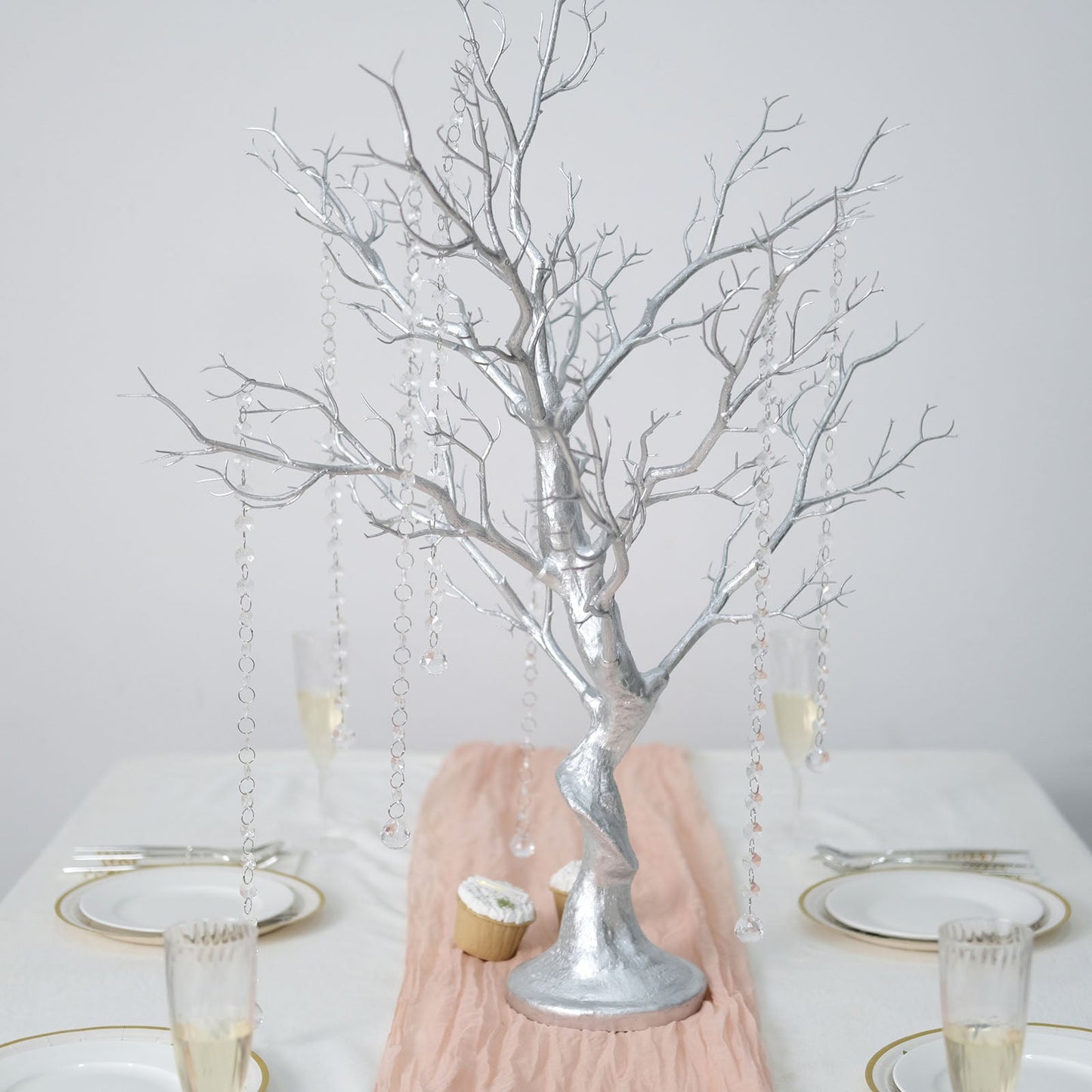 34 Inch Manzanita Metallic Silver Centerpiece Tree With 8 Acrylic Bead Chains