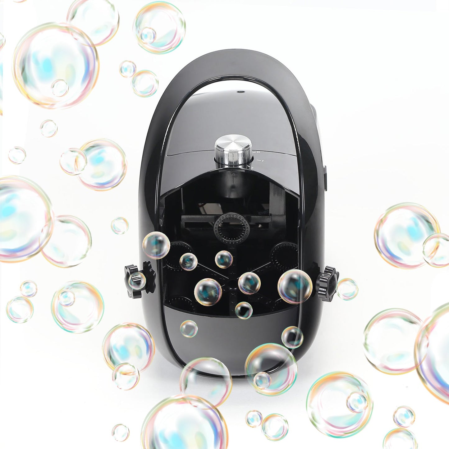Black portable bubble machine with automatic blower and bubbles.