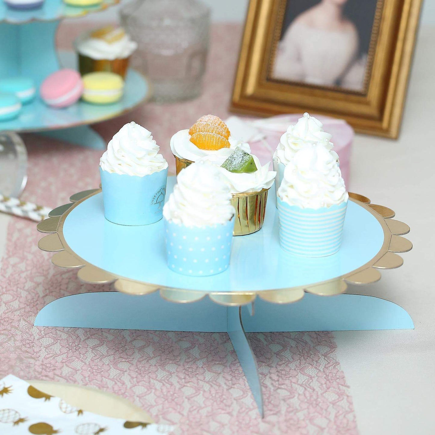 1 Tier 13 inch Blue Cardboard Cupcake Stand - Gold Scalloped Edge Mini Dessert Cake Holder