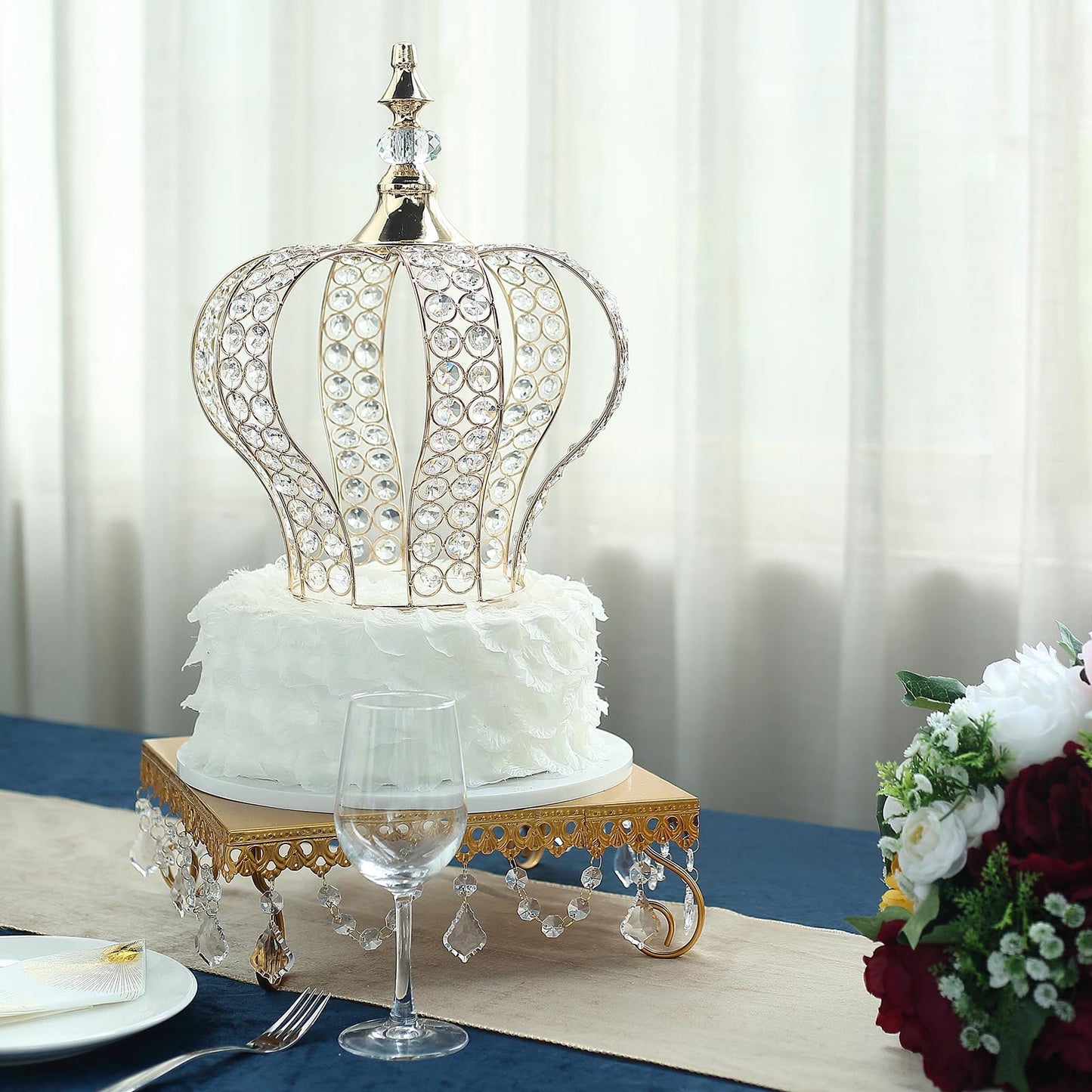 Metallic gold crystal-bead royal crown cake topper centerpiece