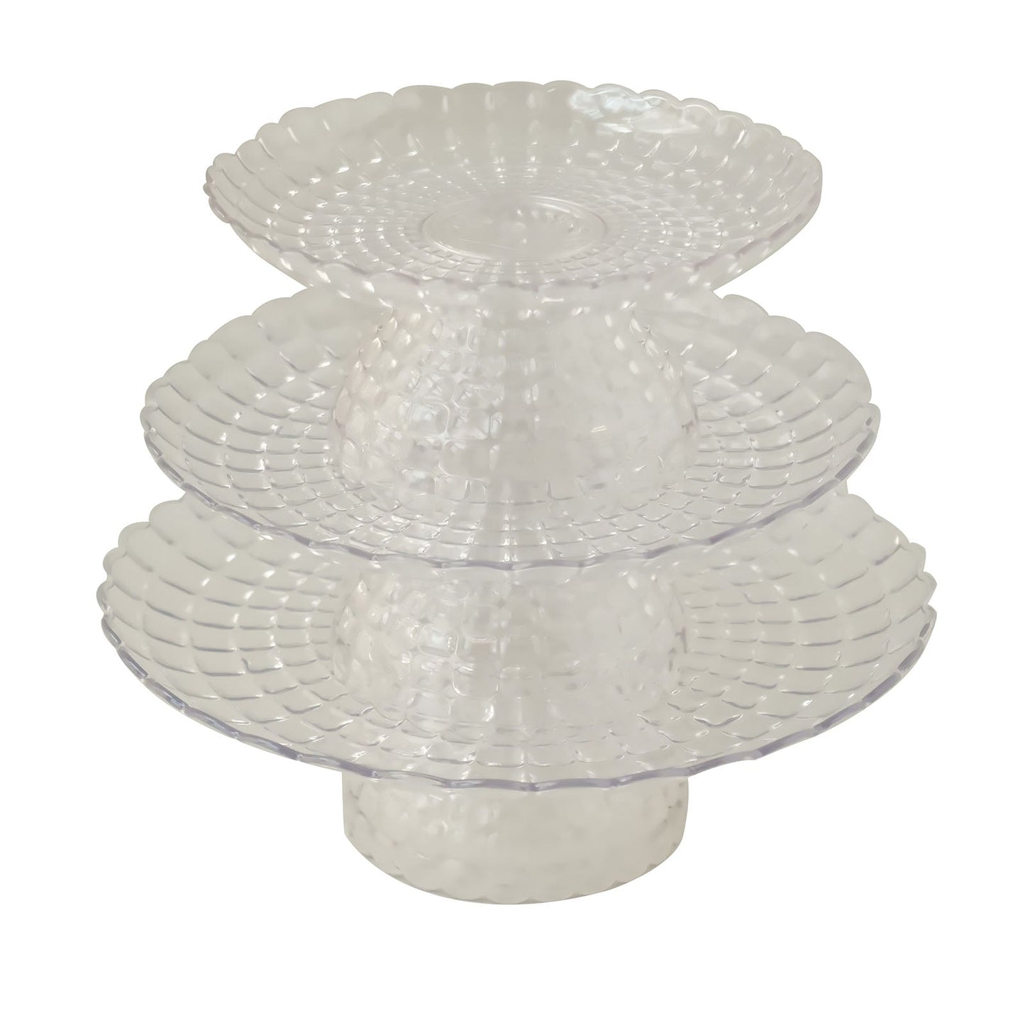Clear contemporary pressed plastic stackable cupcake stands, 8", 10", 12".