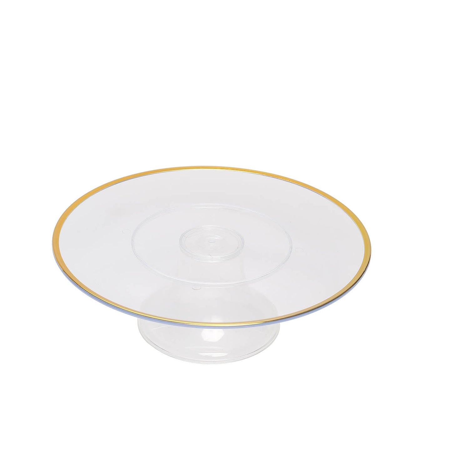 Clear plastic cupcake display riser with gold rim, 12 inches.