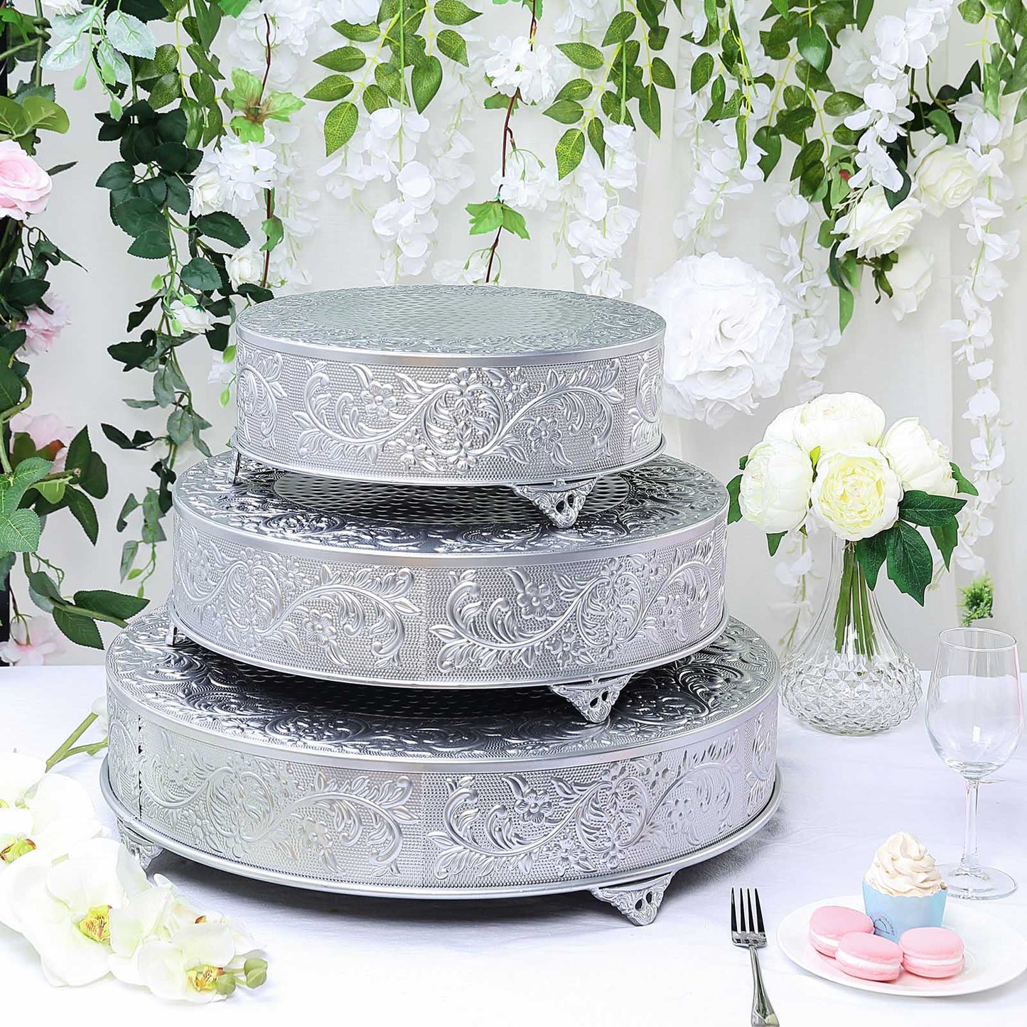 22 Inch Round Matte Metal Silver Embossed Pedestal Cake Stand Riser