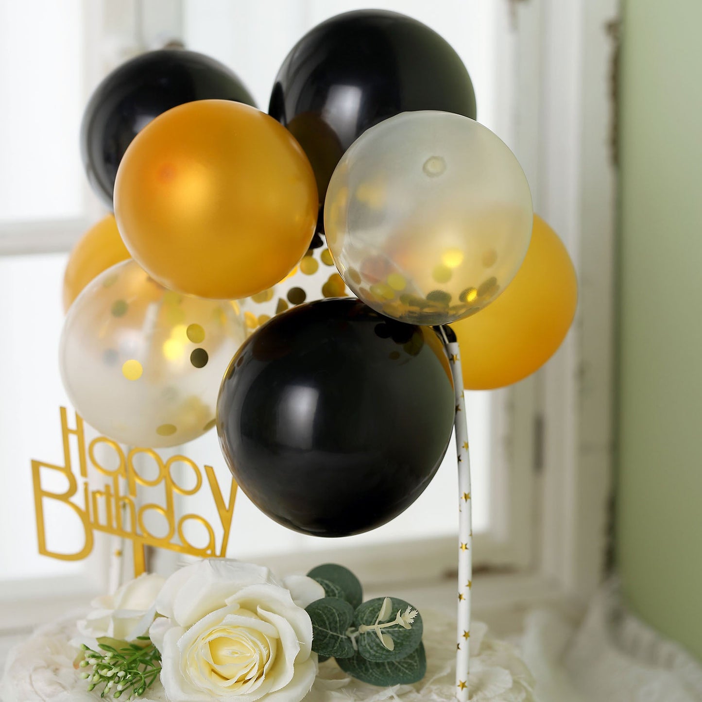 Mini Balloon Confetti Black Clear and Gold Cloud Cake Topper Garland 11 Pieces
