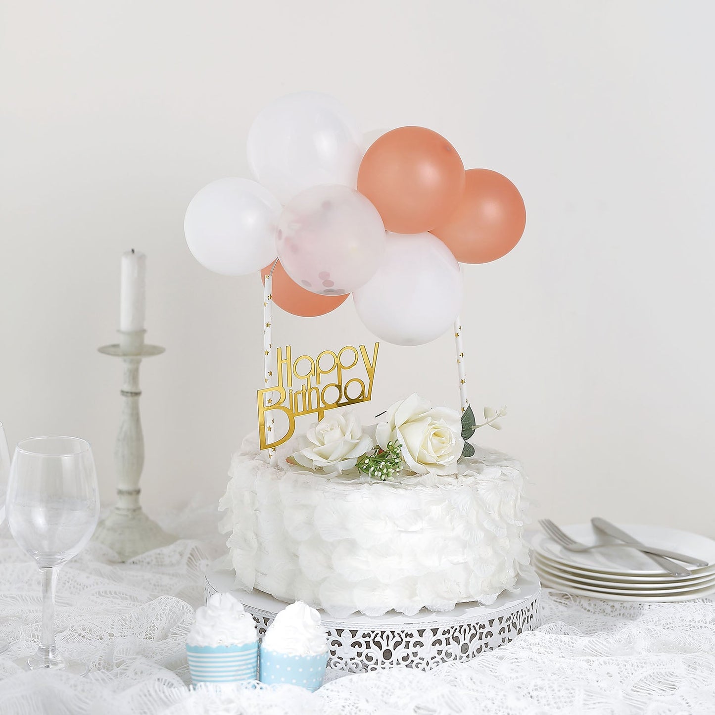 Mini Balloon Confetti Clear Rose Gold and White Cloud Cake Topper Garland 11 Pieces