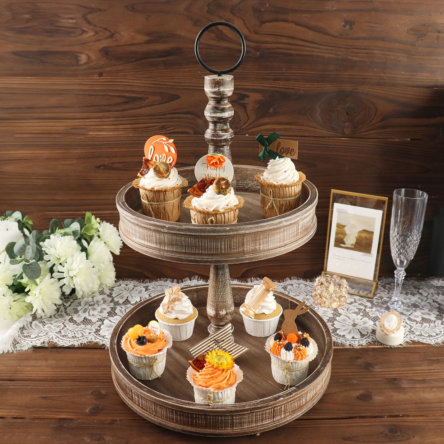 Rustic brown 2-tier wooden serving tray stand with cupcakes, farmhouse style.