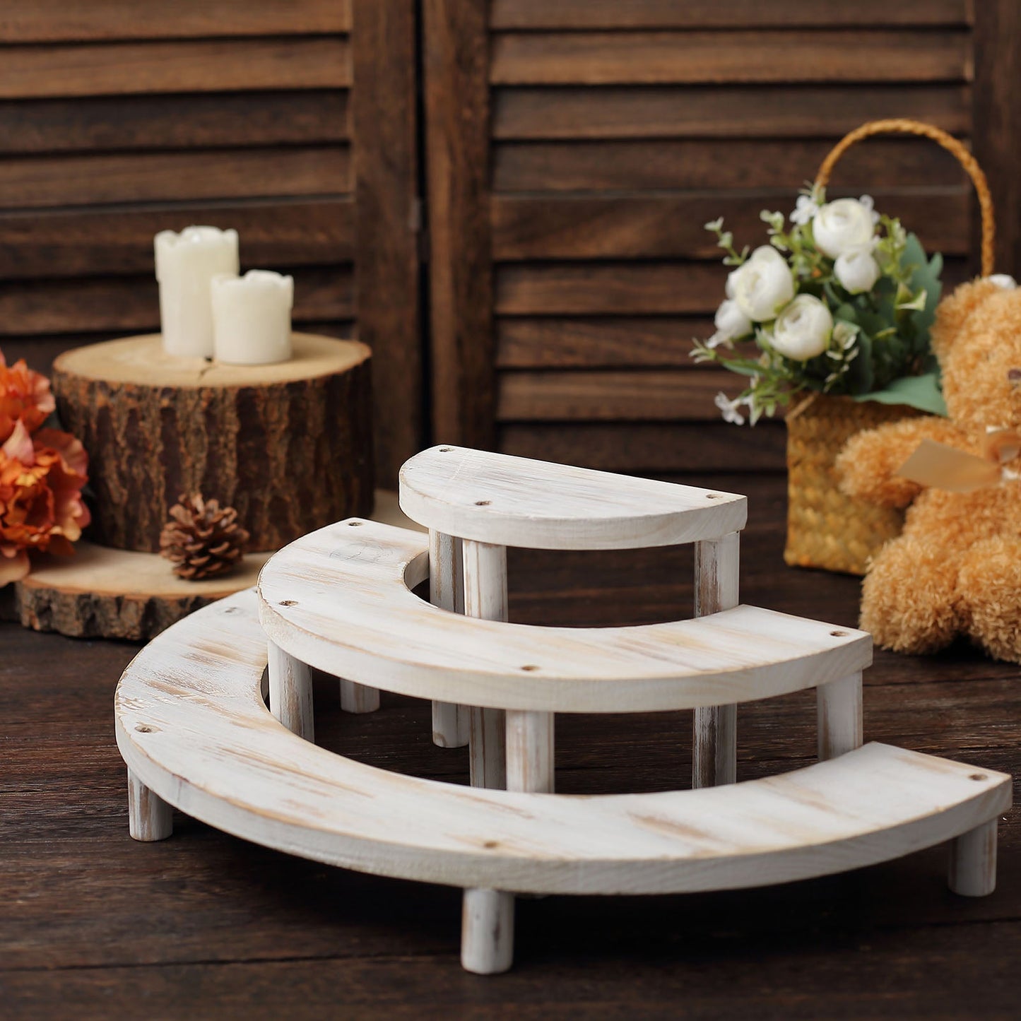 Rustic whitewashed wood semicircle dessert pedestals, 3-tier display risers.