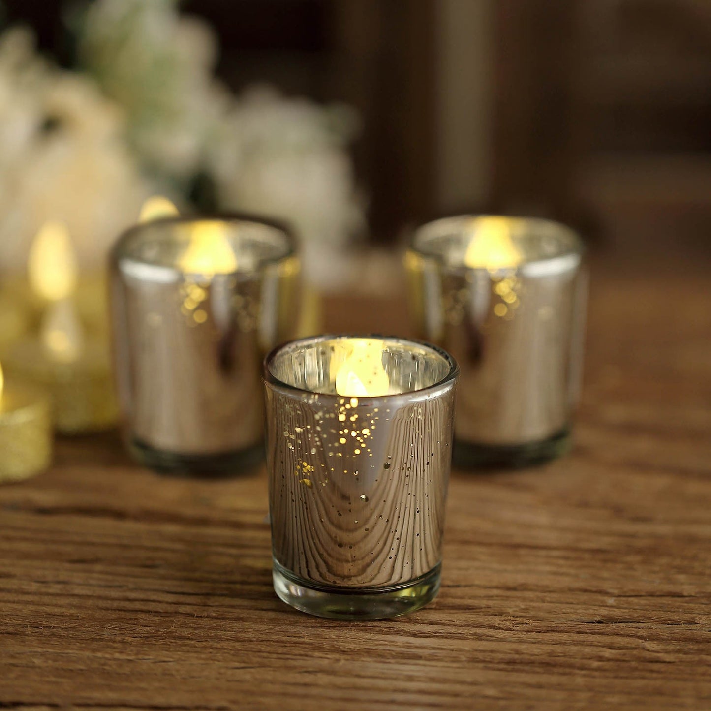 Silver 2 Inch Mercury Glass Speckled Design Votive Tealight Candle Holders Pack of 6