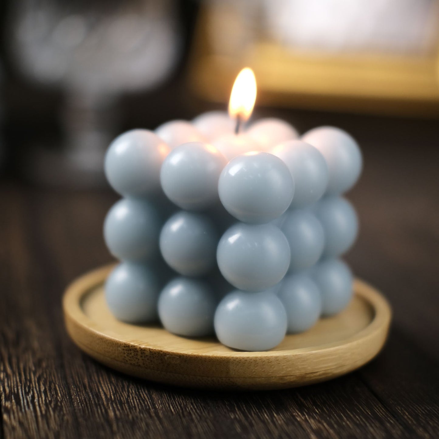 Dusty blue bubble cube decorative candle set, unscented and long burning.