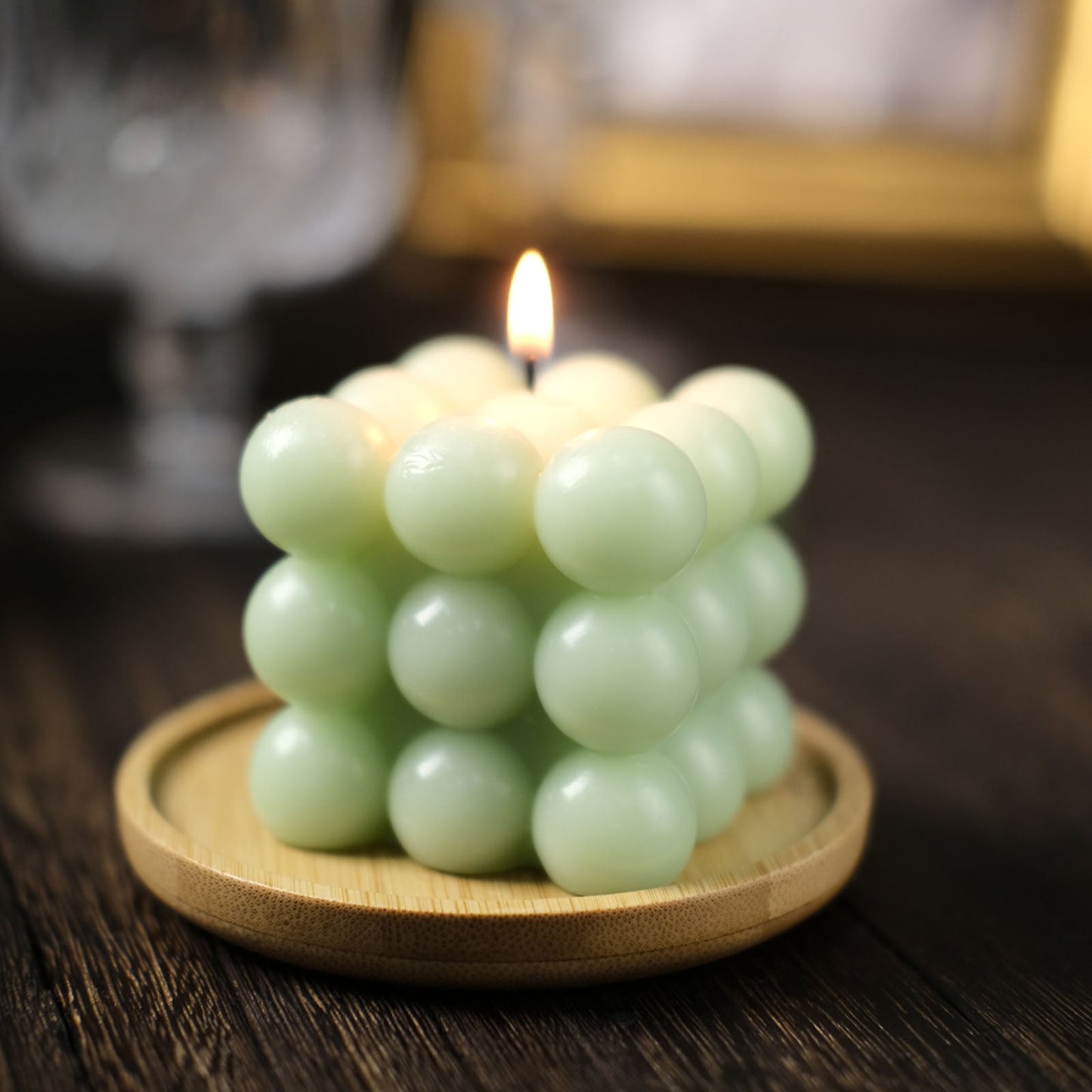 Sage green bubble cube paraffin wax candle, unscented, long-burning.