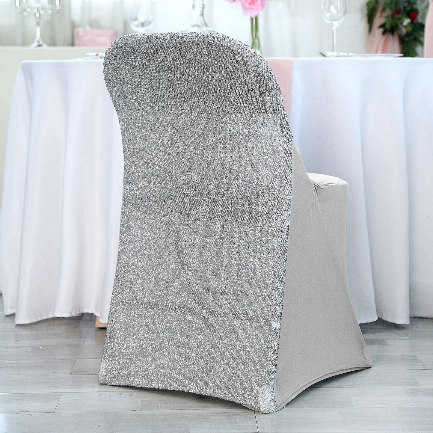 Silver Spandex Stretch Folding Chair Cover, Fitted Chair Cover with Metallic Shimmer Tinsel Back
