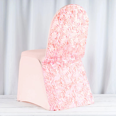 Elegant Design of the Blush Satin Rosette Chair Cover Elegant Design of the Blush Satin Rosette Chair Cover