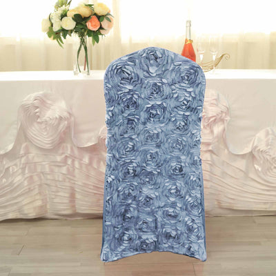 Elegant Design of the Dusty Blue Satin Rosette Chair Cover Elegant Design of the Dusty Blue Satin Rosette Chair Cover