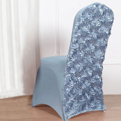 Durability and Versatility of the Dusty Blue Satin Rosette Chair Cover Durability and Versatility of the Dusty Blue Satin Rosette Chair Cover